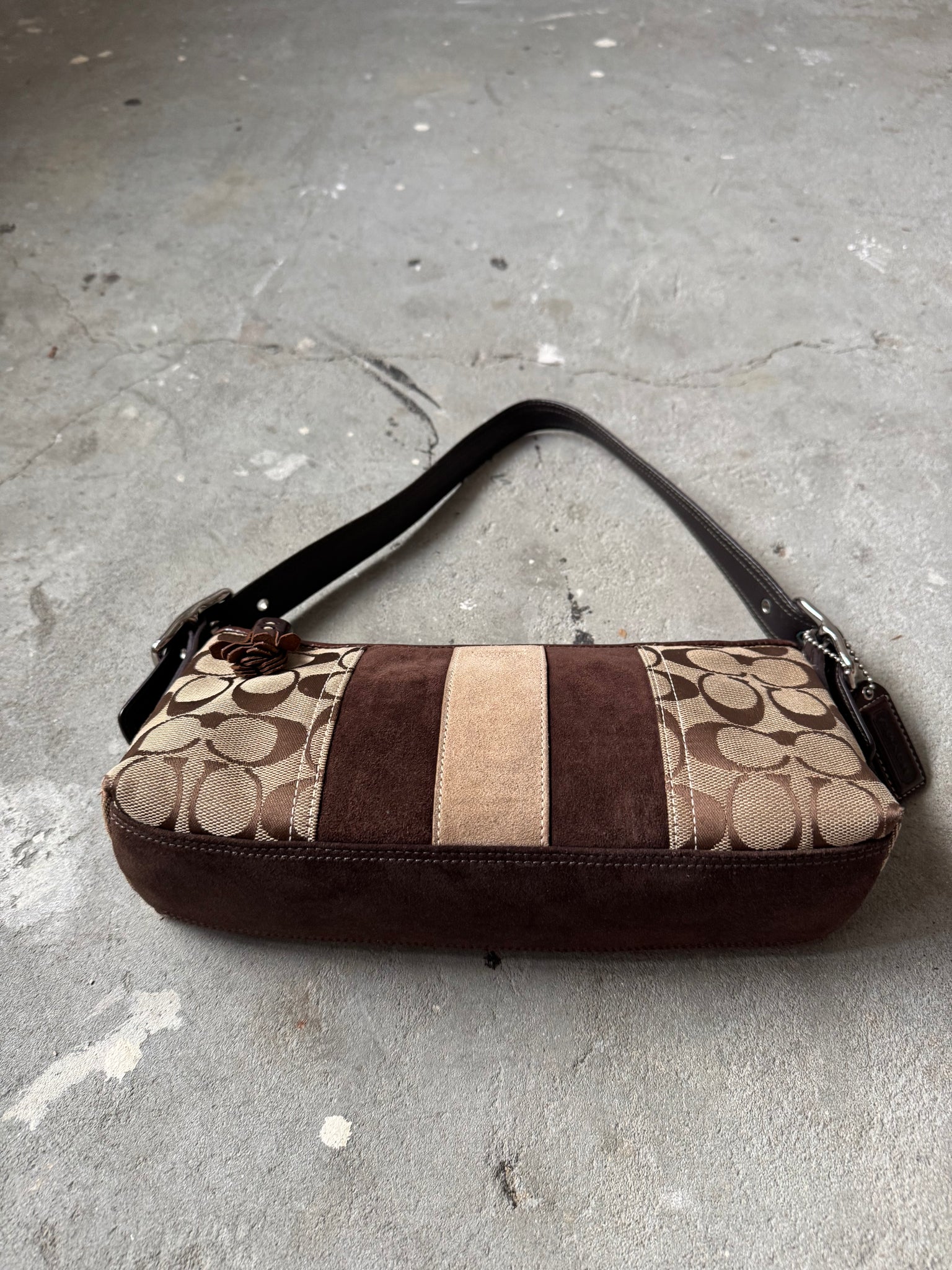 Coach Signature Hampton Strip Baguette Shoulder Bag Beige