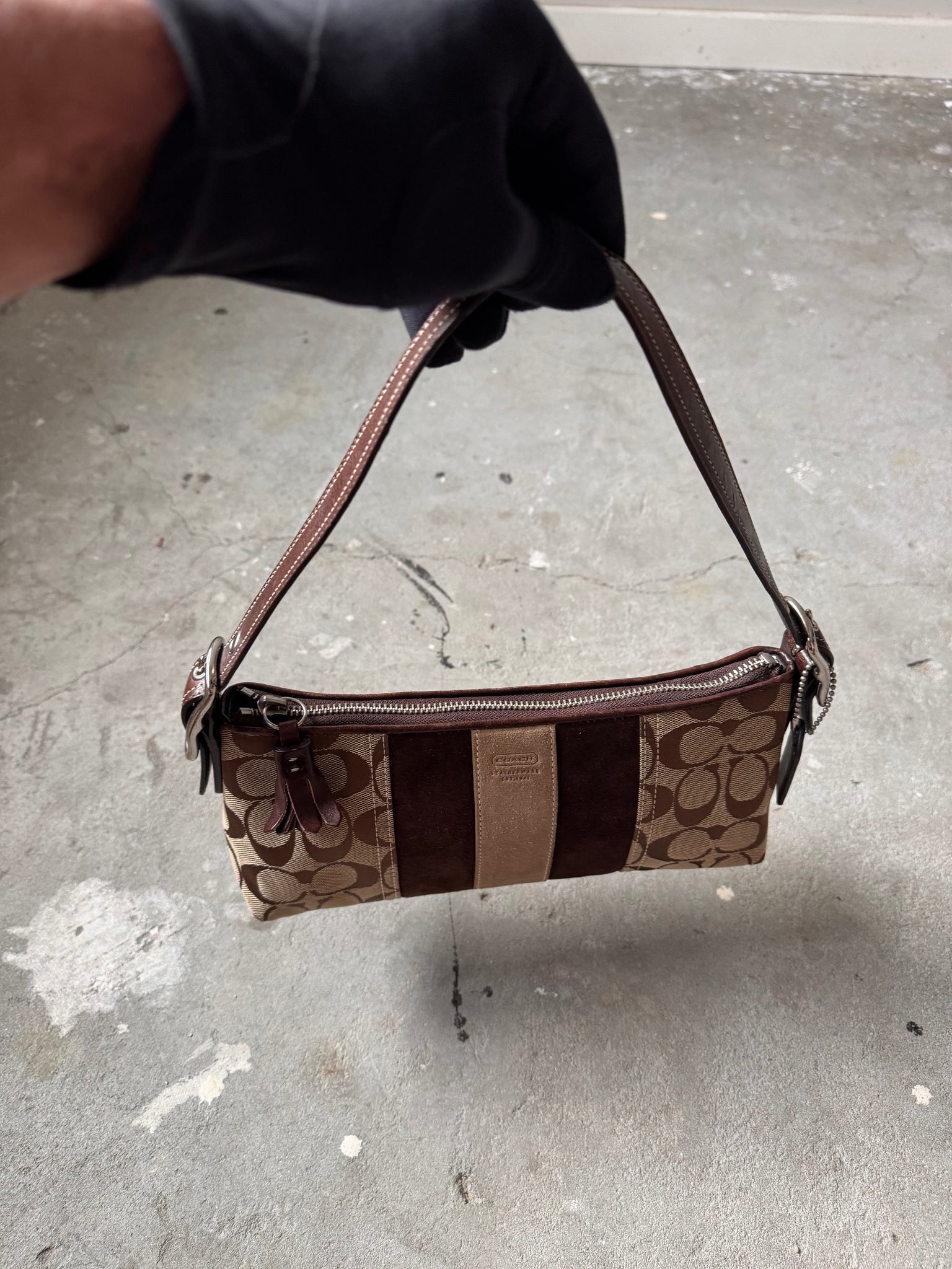 Coach Signature Hampton Strip Baguette Shoulder Bag Beige