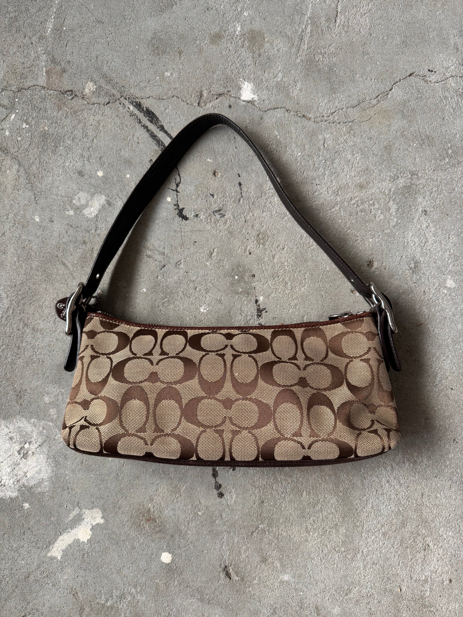 Coach Signature Hampton Strip Baguette Shoulder Bag Beige