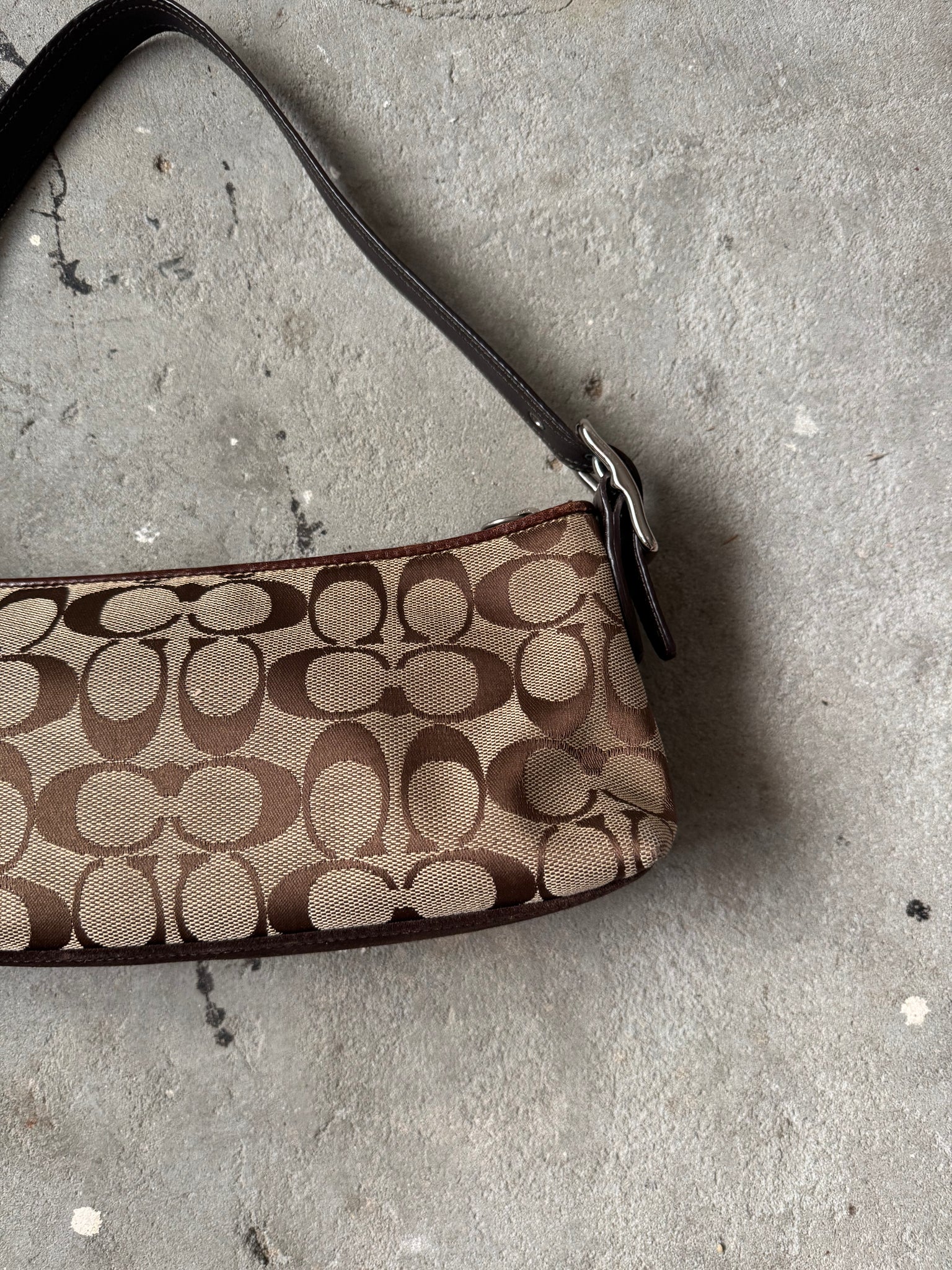 Coach Signature Hampton Strip Baguette Shoulder Bag Beige