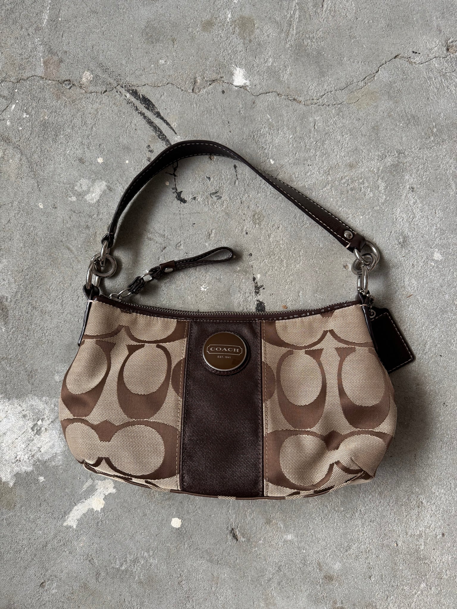 Coach Signature Strip Shoulder Bag Beige/Brown