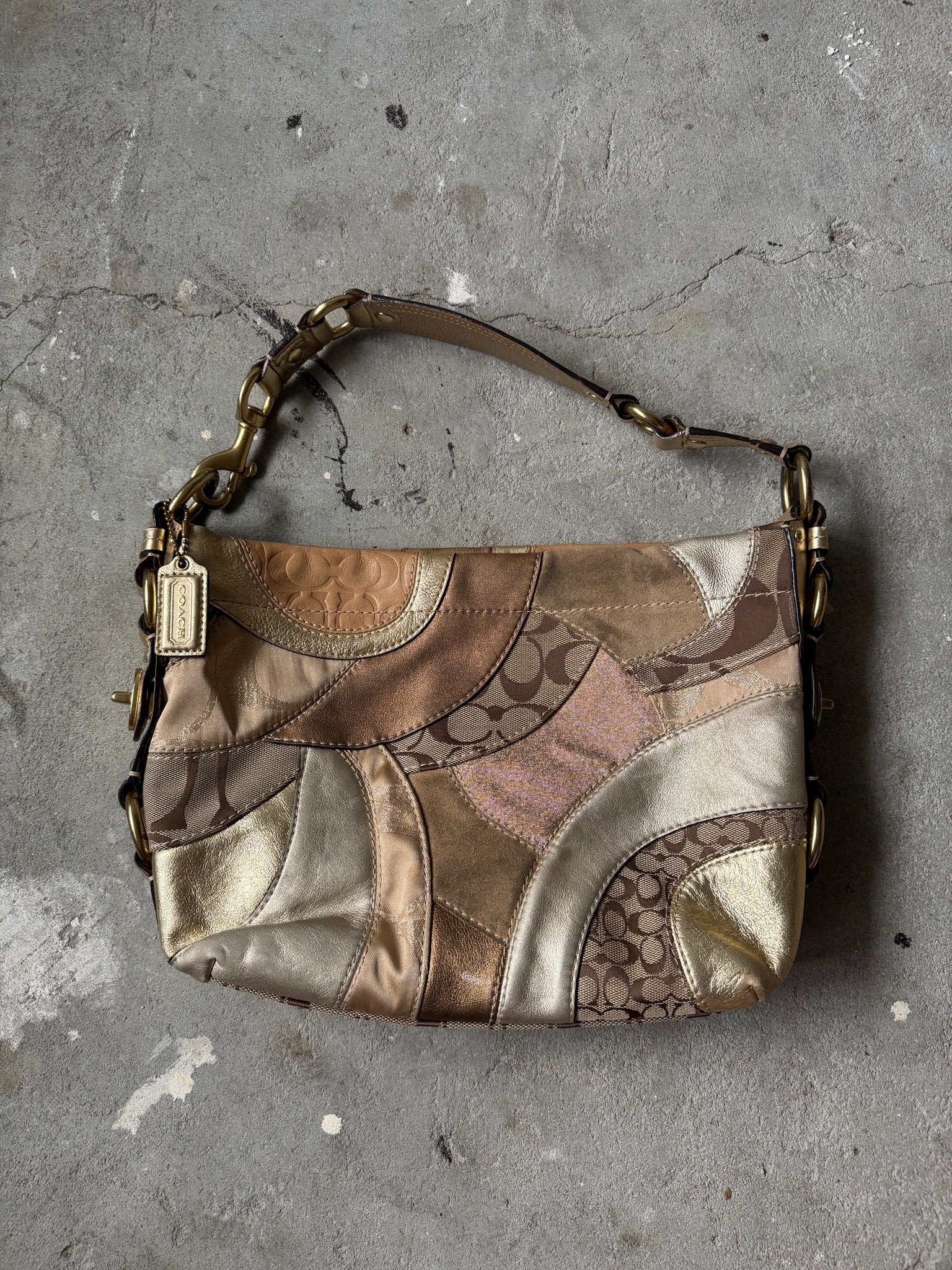 Coach Signature Patchwork Carly Shoulder Bag Beige/Gold
