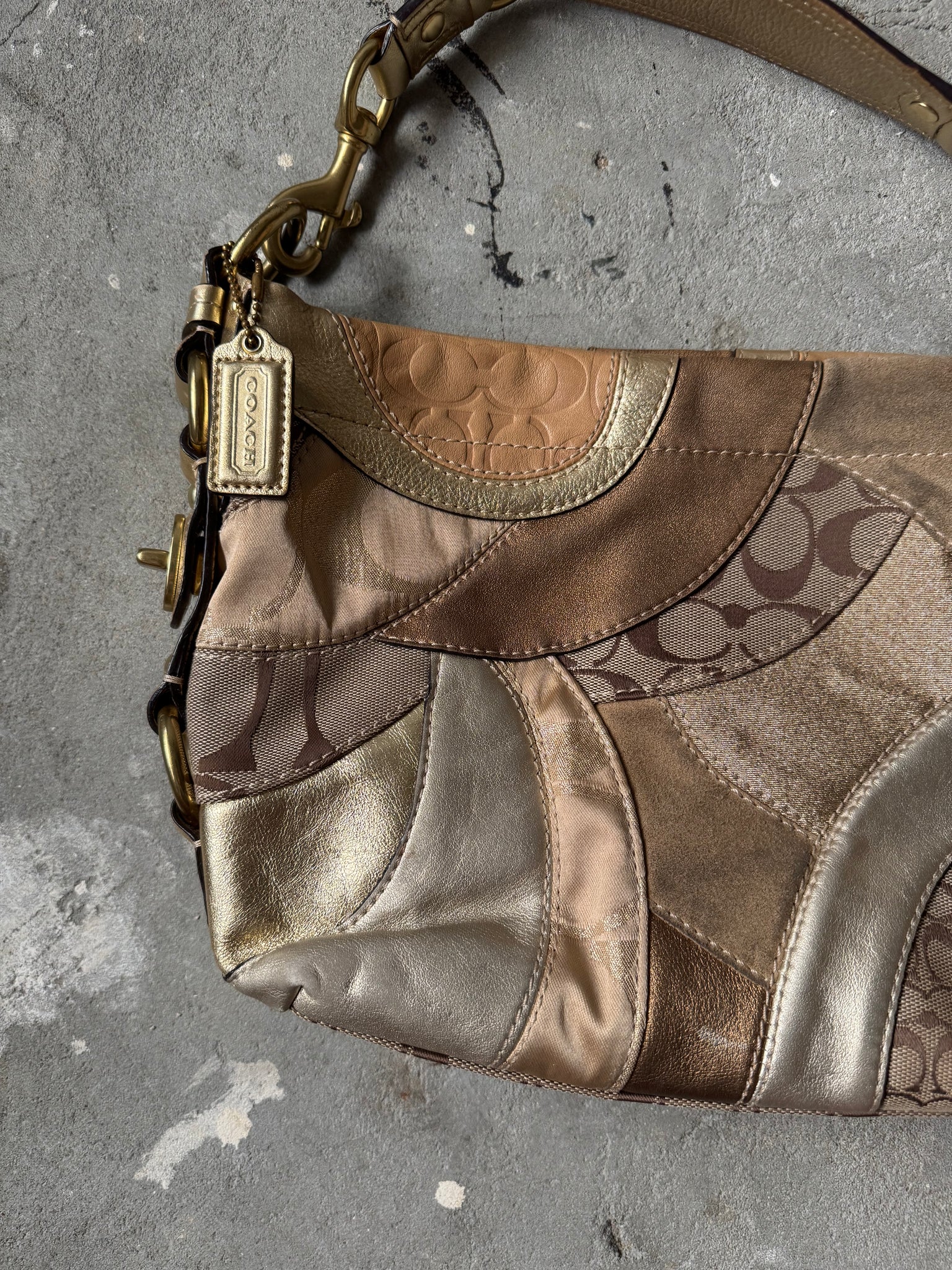 Coach Signature Patchwork Carly Shoulder Bag Beige/Gold