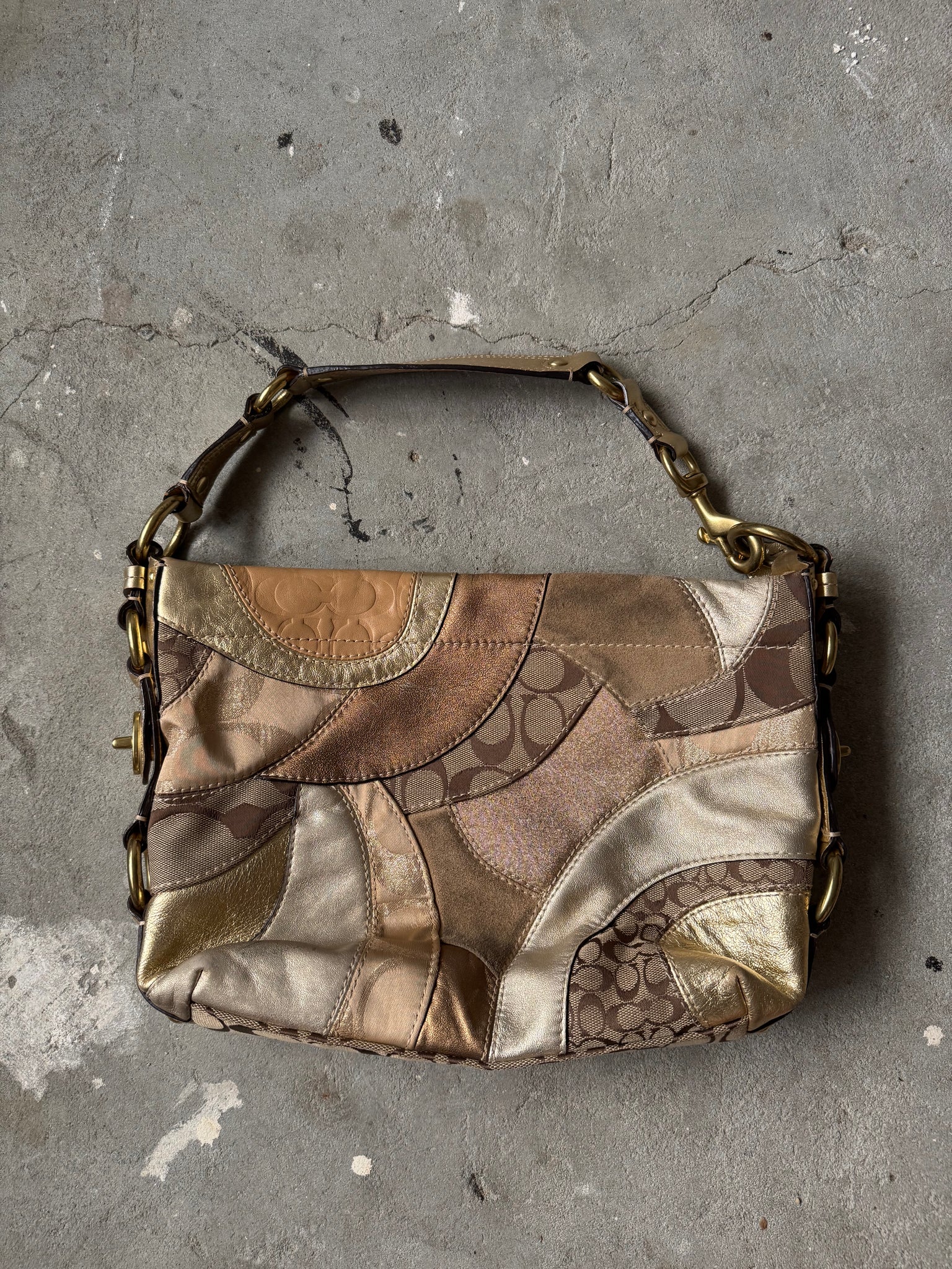 Coach Signature Patchwork Carly Shoulder Bag Beige/Gold
