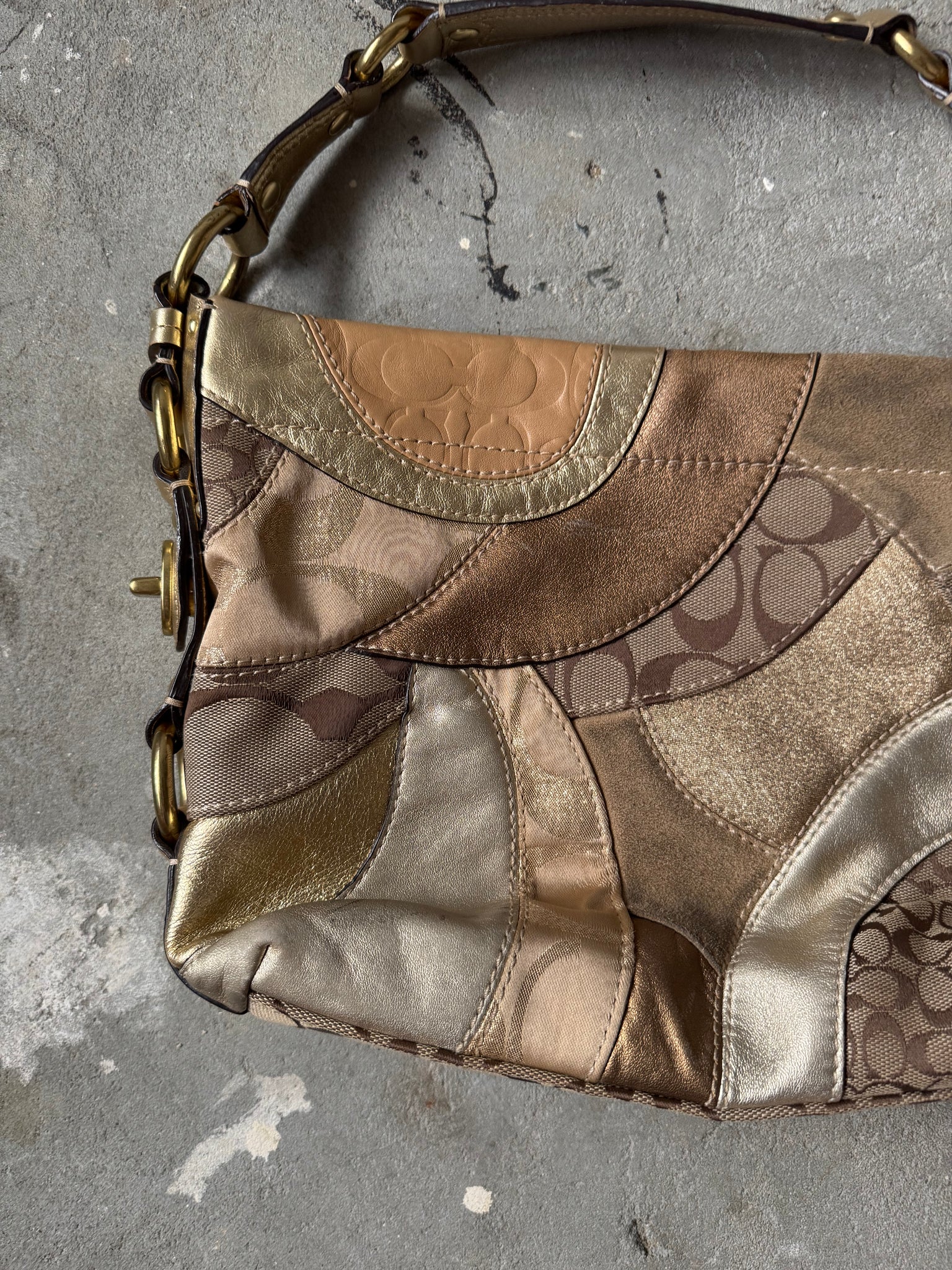 Coach Signature Patchwork Carly Shoulder Bag Beige/Gold