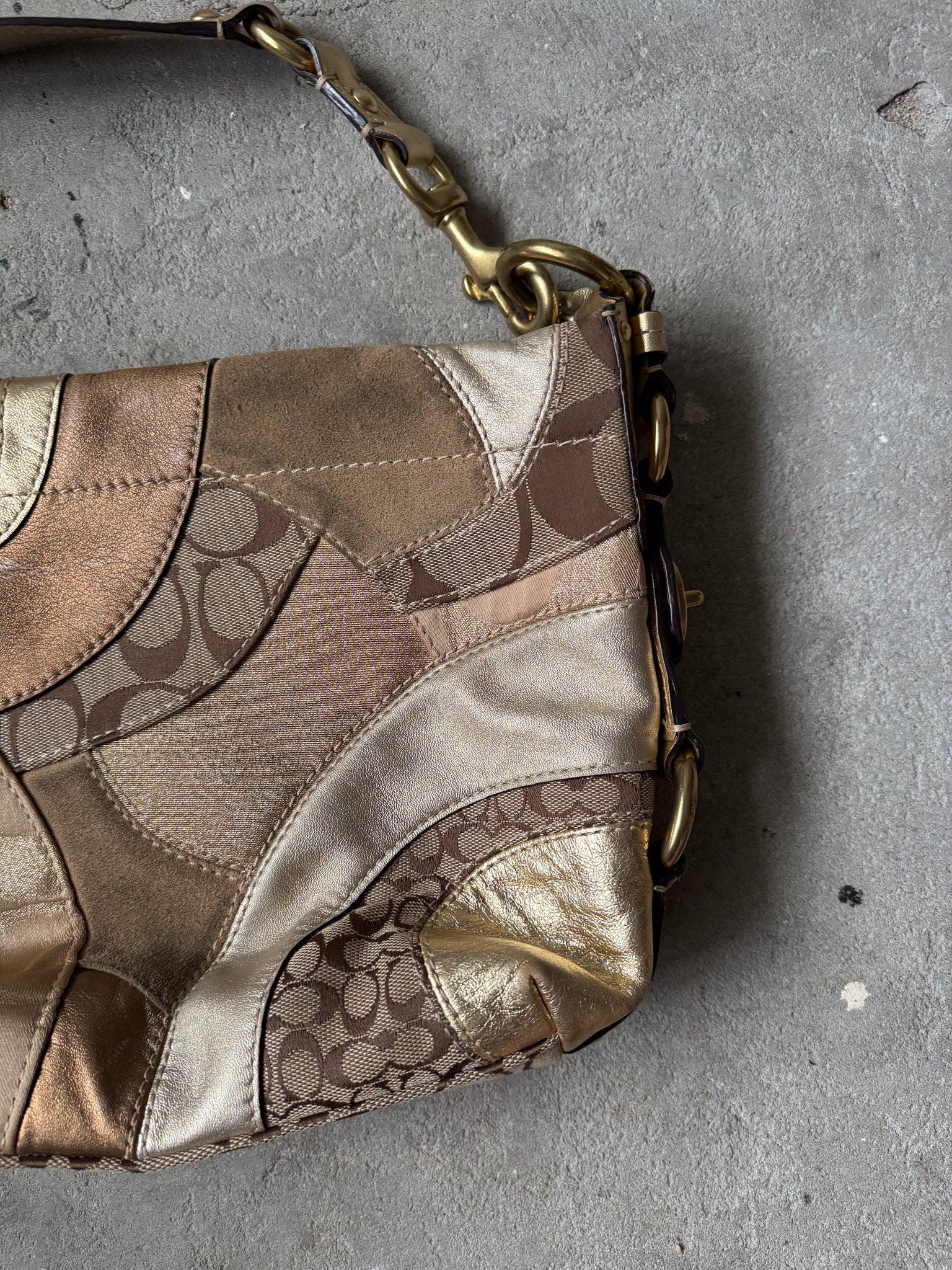 Coach Signature Patchwork Carly Shoulder Bag Beige/Gold