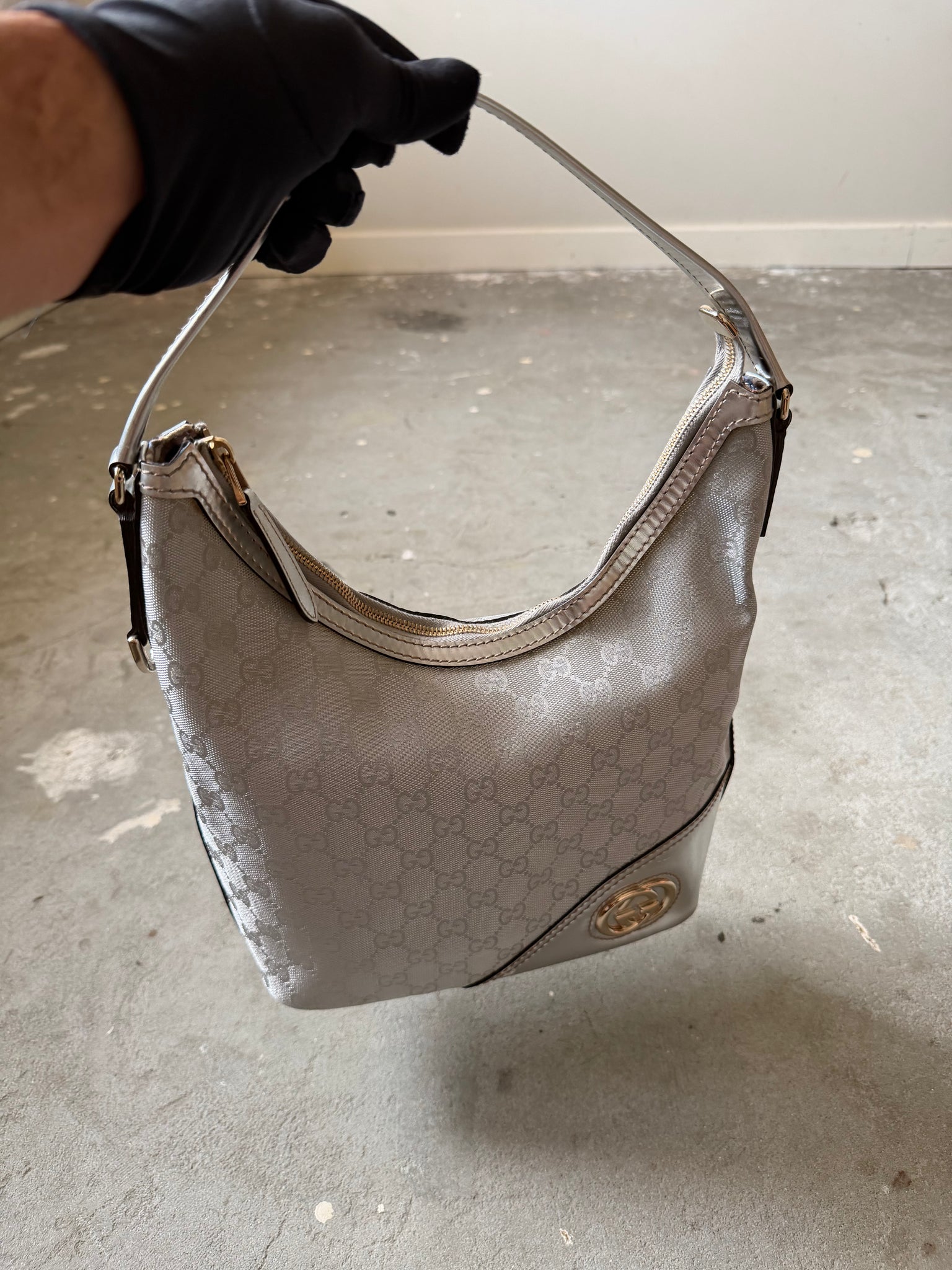 Gucci GG Monogram Britt Hobo Shoulder Bag Silver