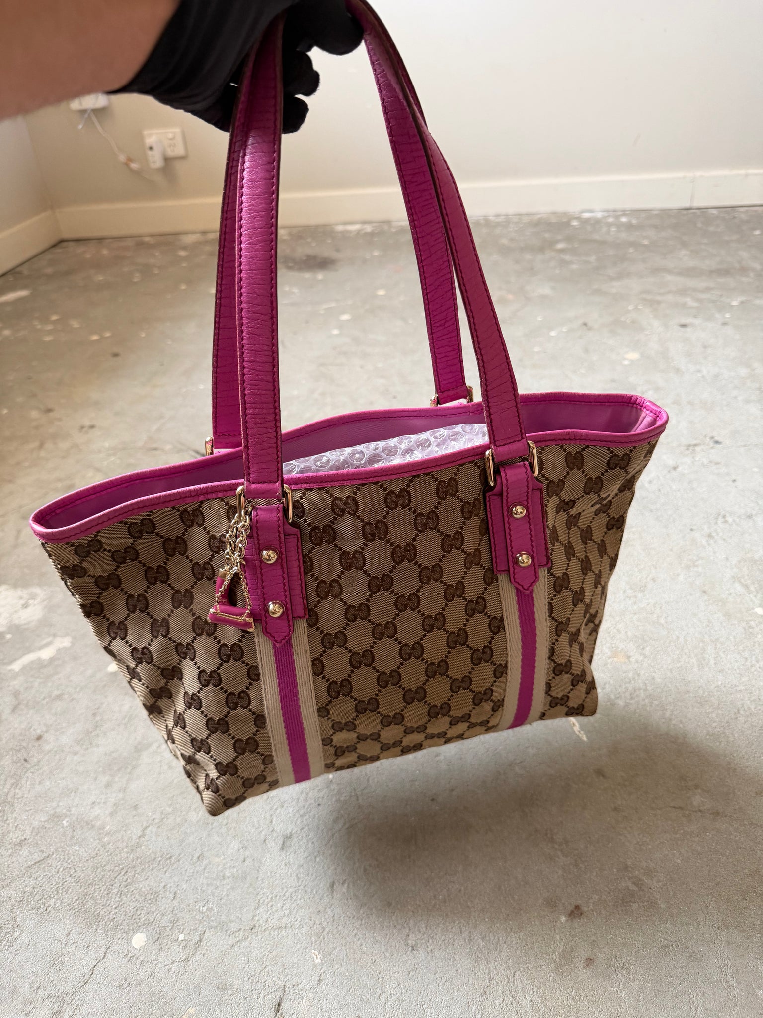 Gucci GG Monogram Sherry Line Charm Shoulder Bag Beige/Pink