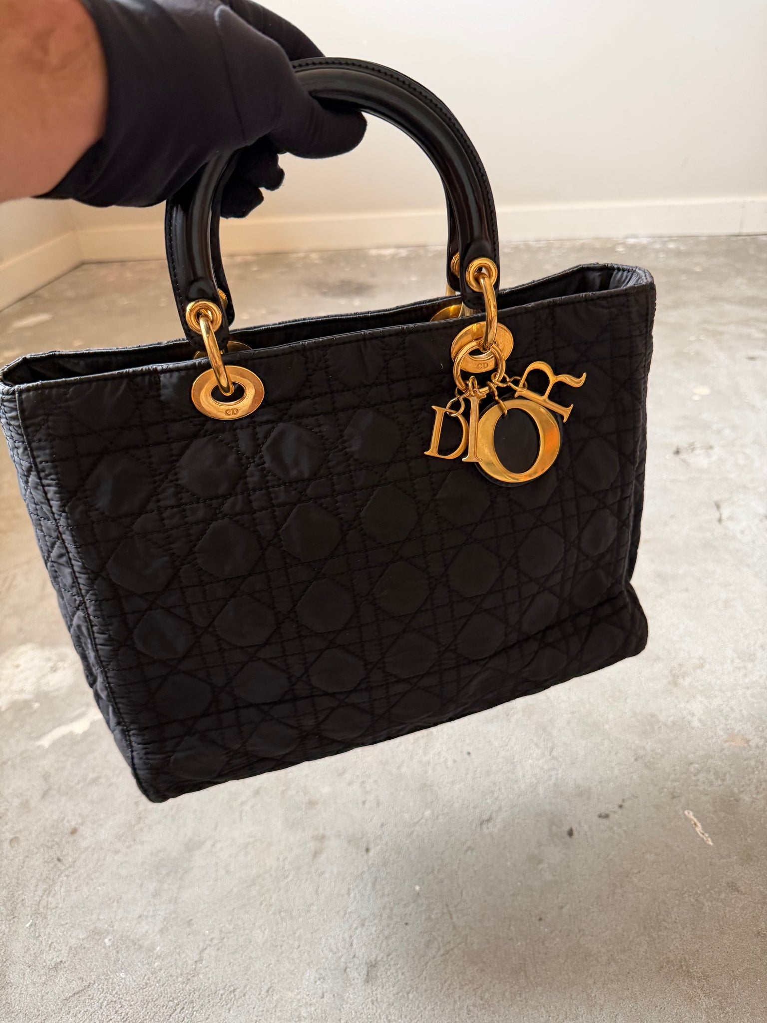 Dior Cannage Quilted Nylon Hand Bag Black