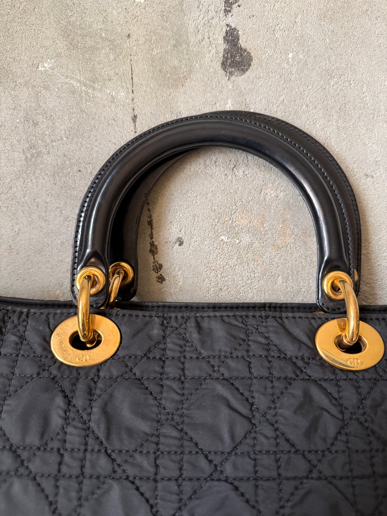 Dior Cannage Quilted Nylon Hand Bag Black