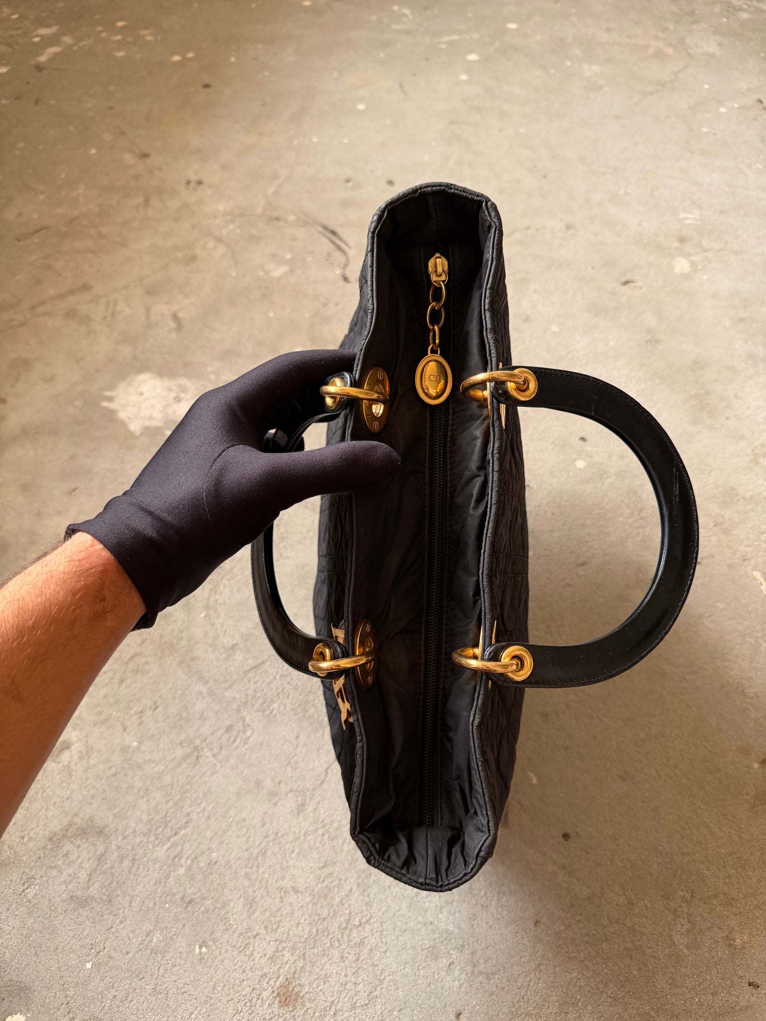 Dior Cannage Quilted Nylon Hand Bag Black