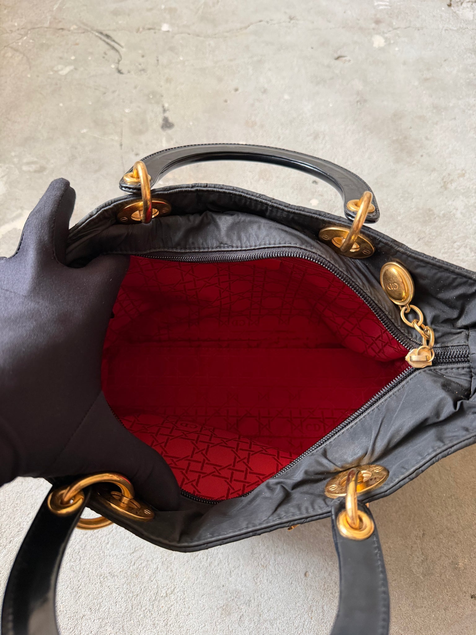 Dior Cannage Quilted Nylon Hand Bag Black