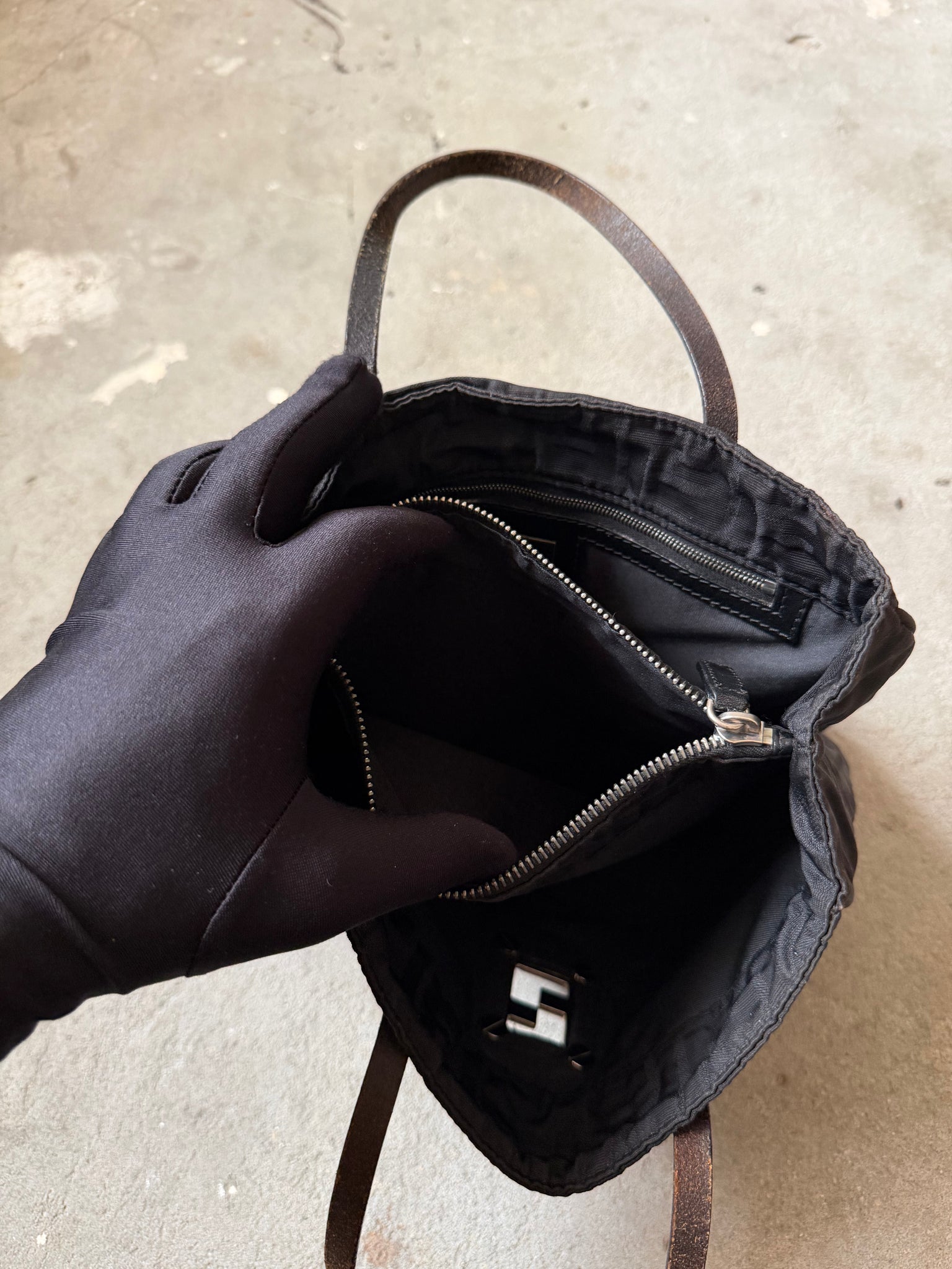 Fendi FF Zucca Nylon Shoulder Bag Black