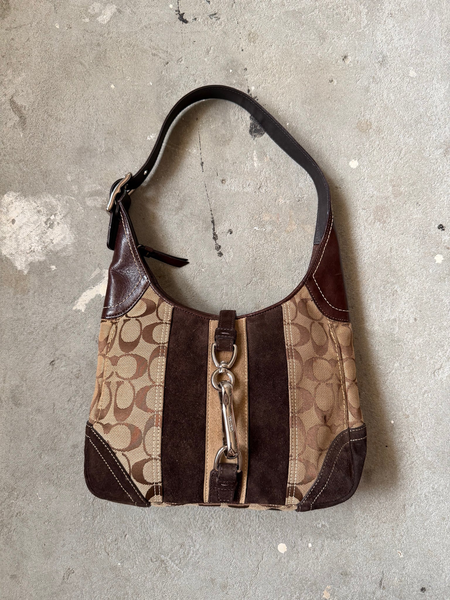 Coach Signature Hobo Stripe Suede Clip Shoulder Bag Brown