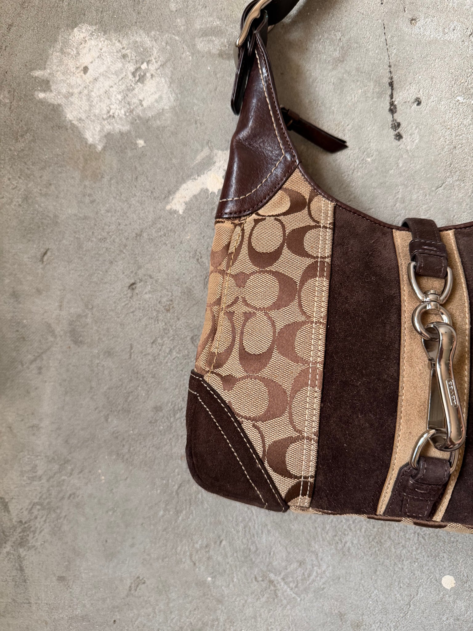 Coach Signature Hobo Stripe Suede Clip Shoulder Bag Brown