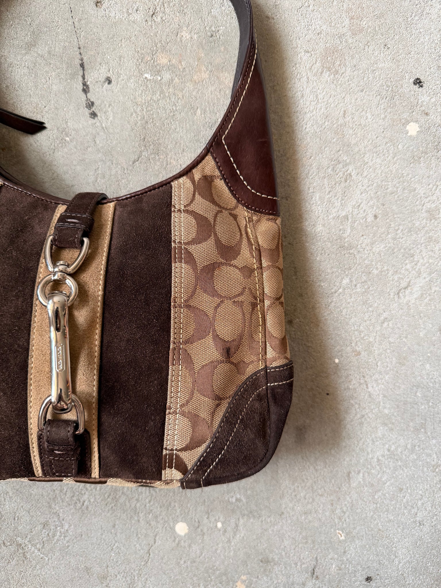 Coach Signature Hobo Stripe Suede Clip Shoulder Bag Brown