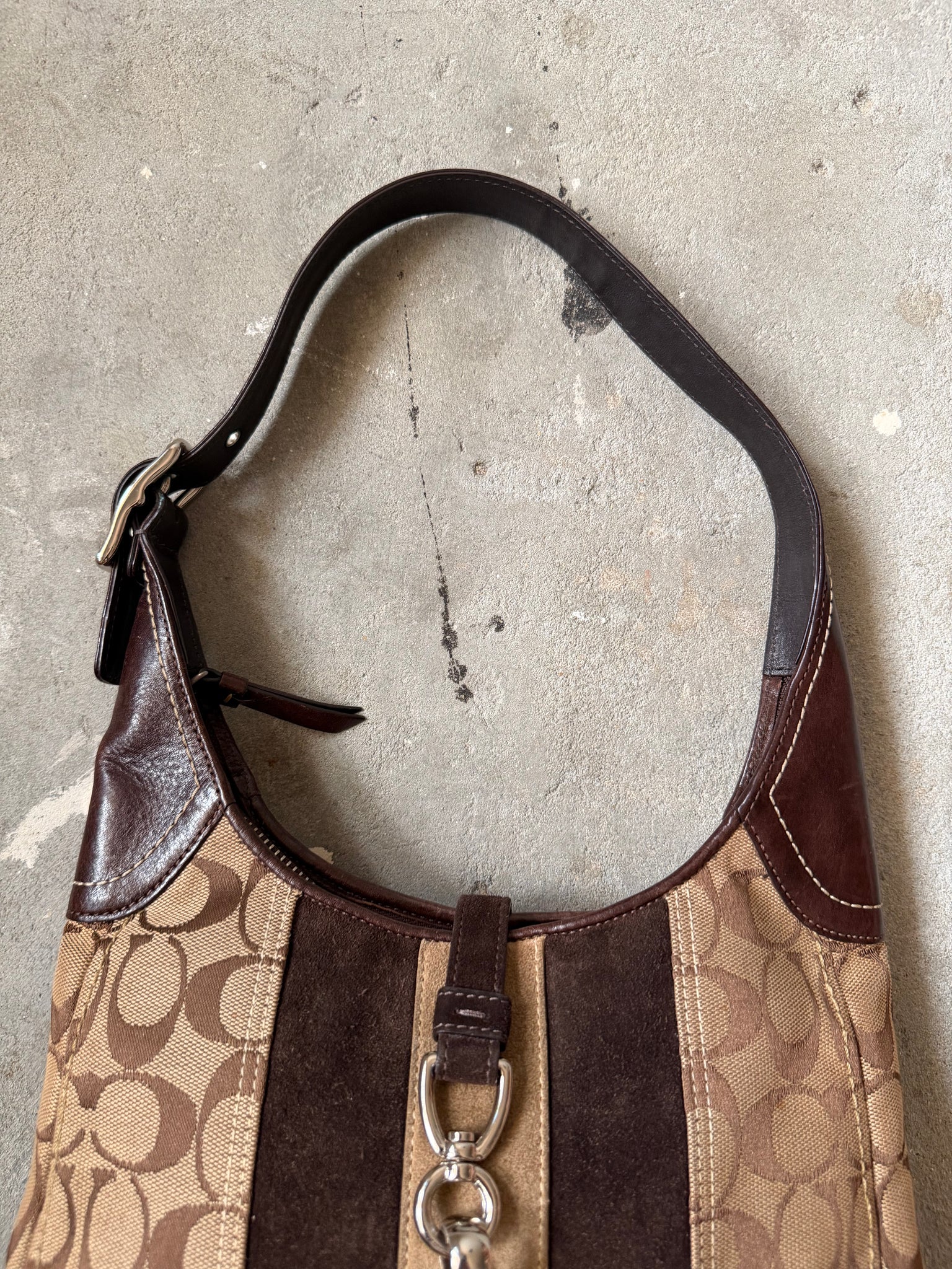 Coach Signature Hobo Stripe Suede Clip Shoulder Bag Brown