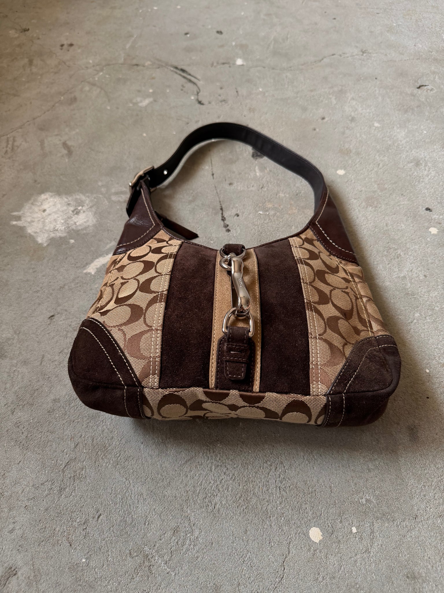 Coach Signature Hobo Stripe Suede Clip Shoulder Bag Brown