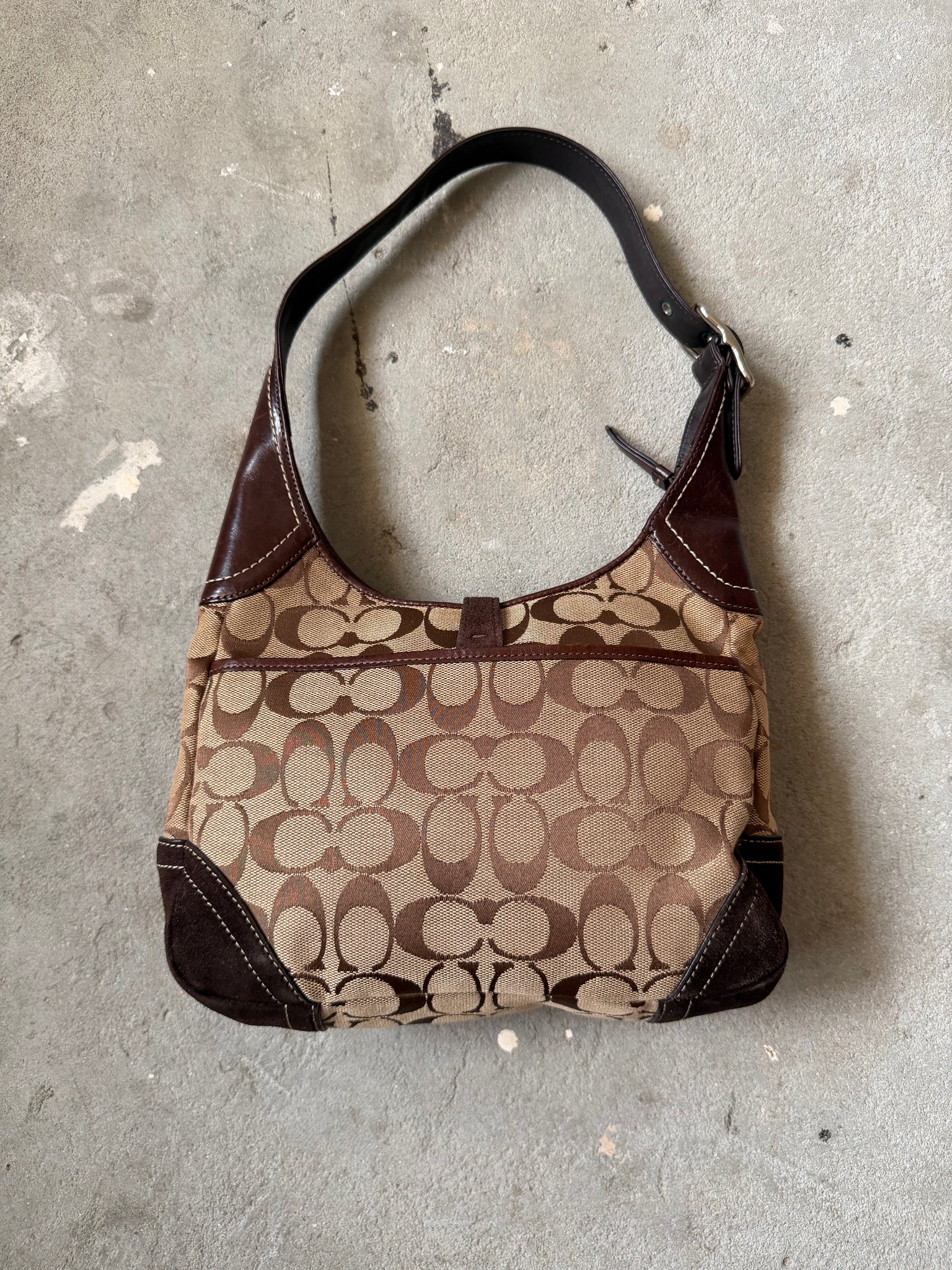 Coach Signature Hobo Stripe Suede Clip Shoulder Bag Brown