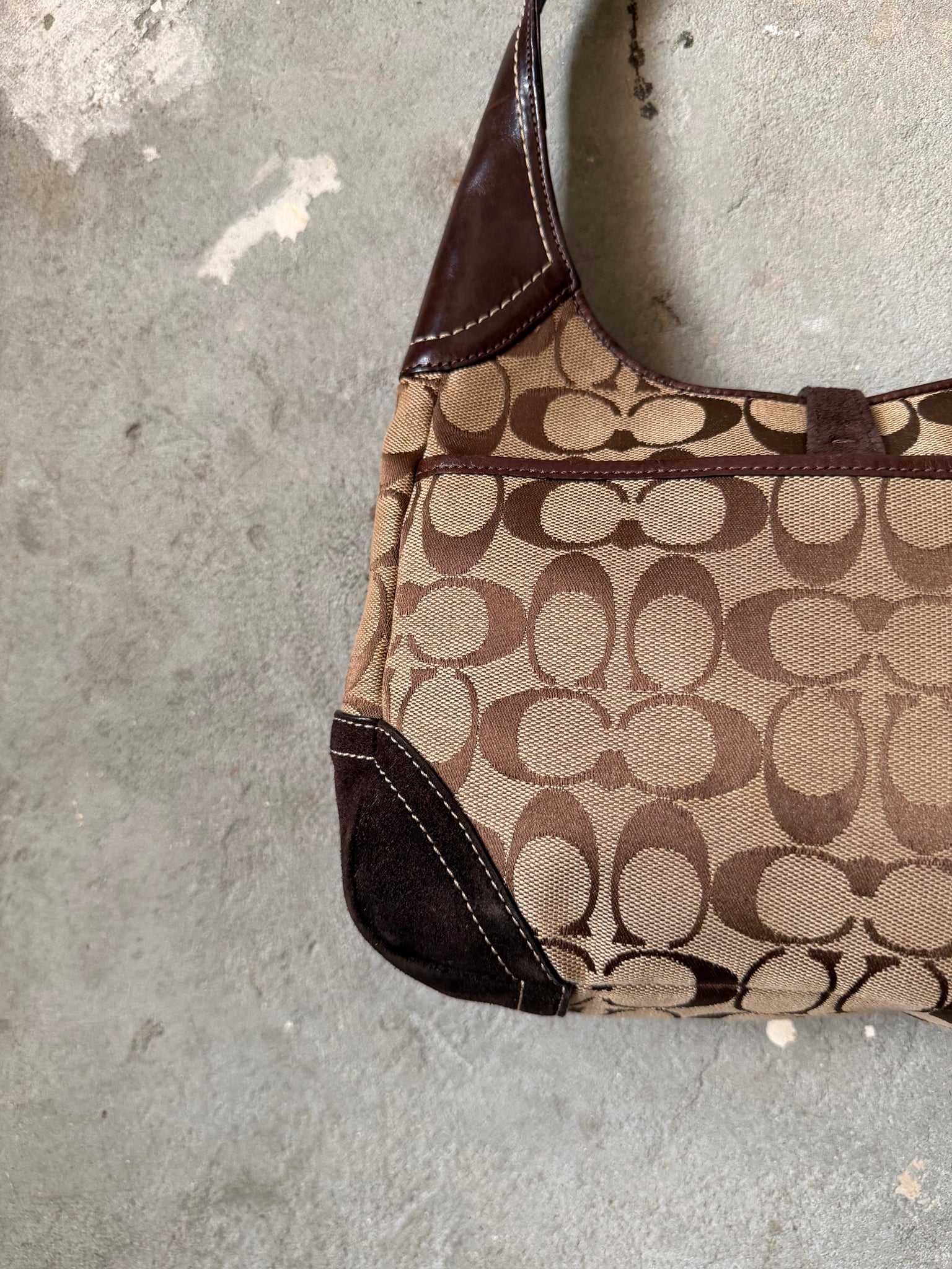 Coach Signature Hobo Stripe Suede Clip Shoulder Bag Brown