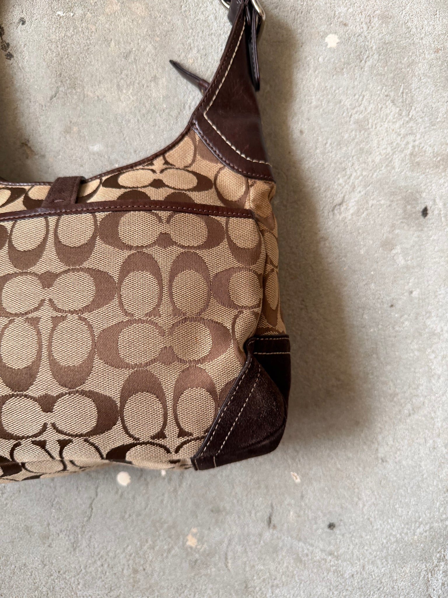 Coach Signature Hobo Stripe Suede Clip Shoulder Bag Brown