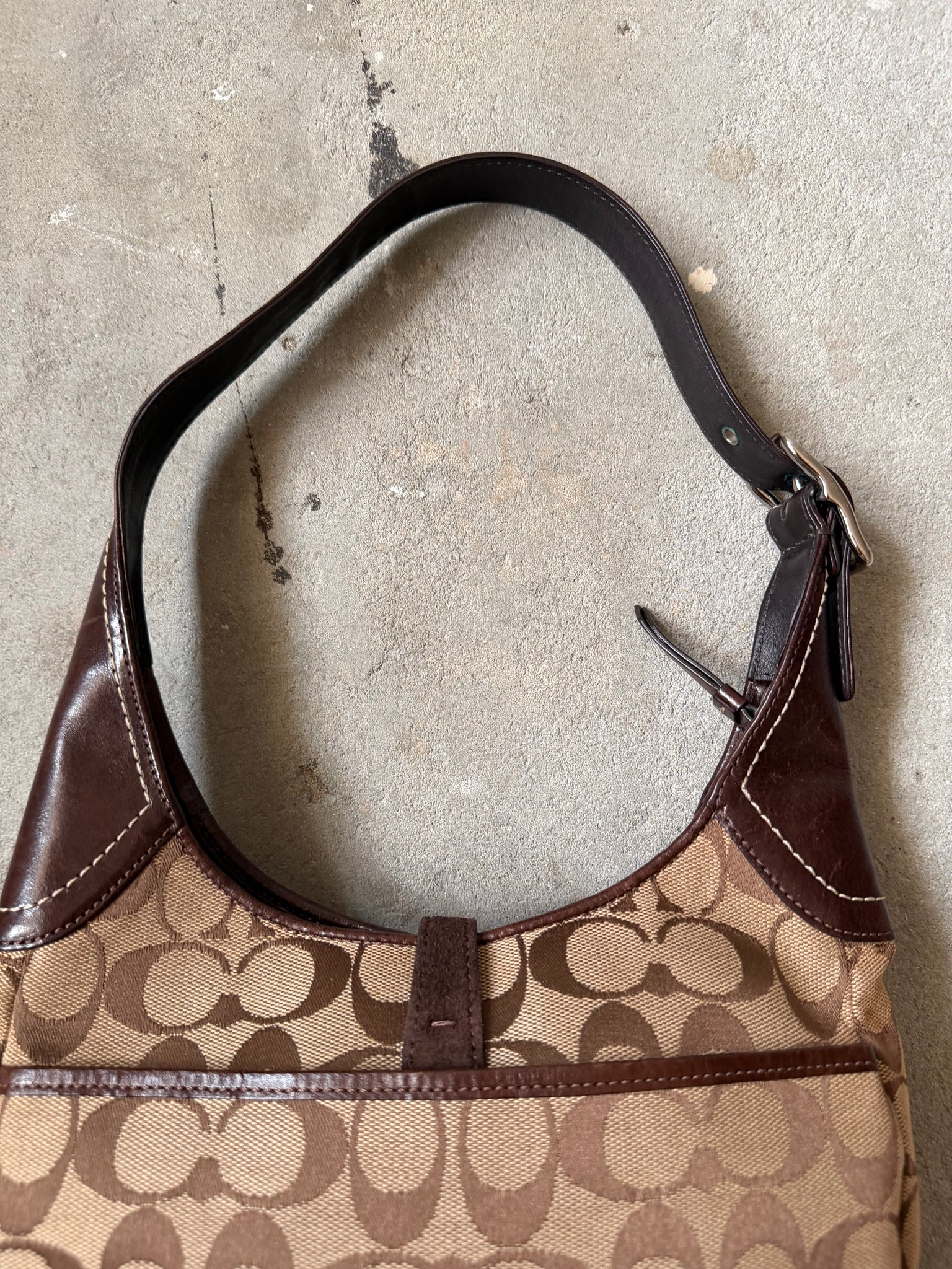 Coach Signature Hobo Stripe Suede Clip Shoulder Bag Brown