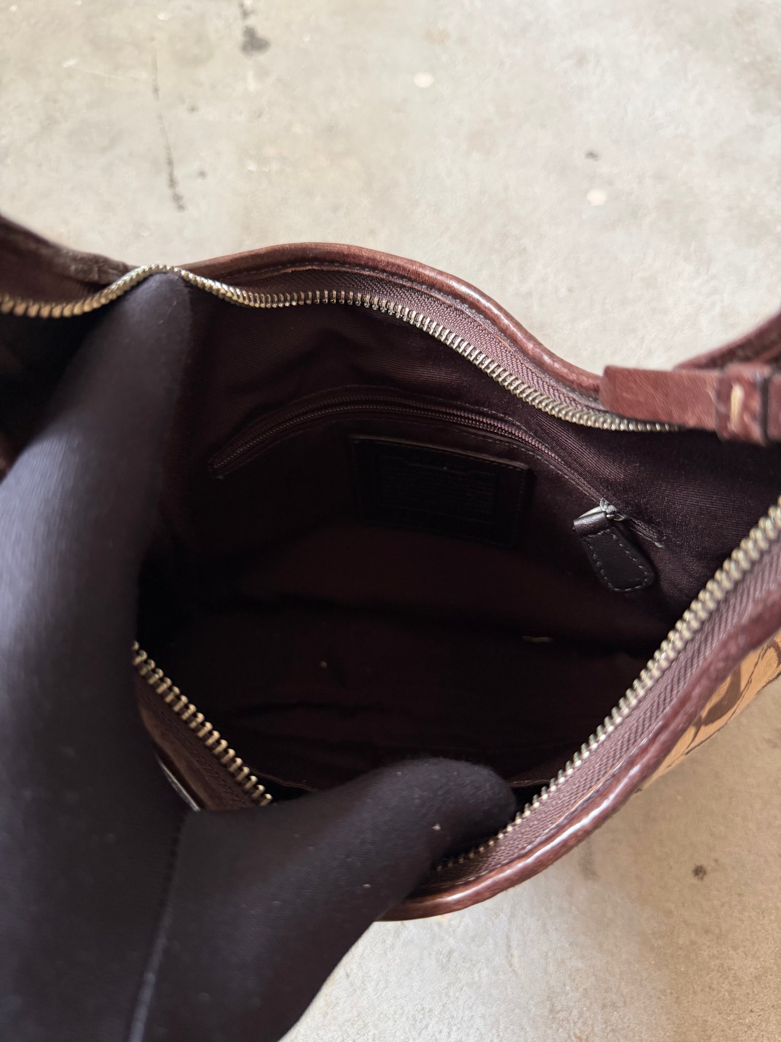 Coach Signature Hobo Stripe Suede Clip Shoulder Bag Brown