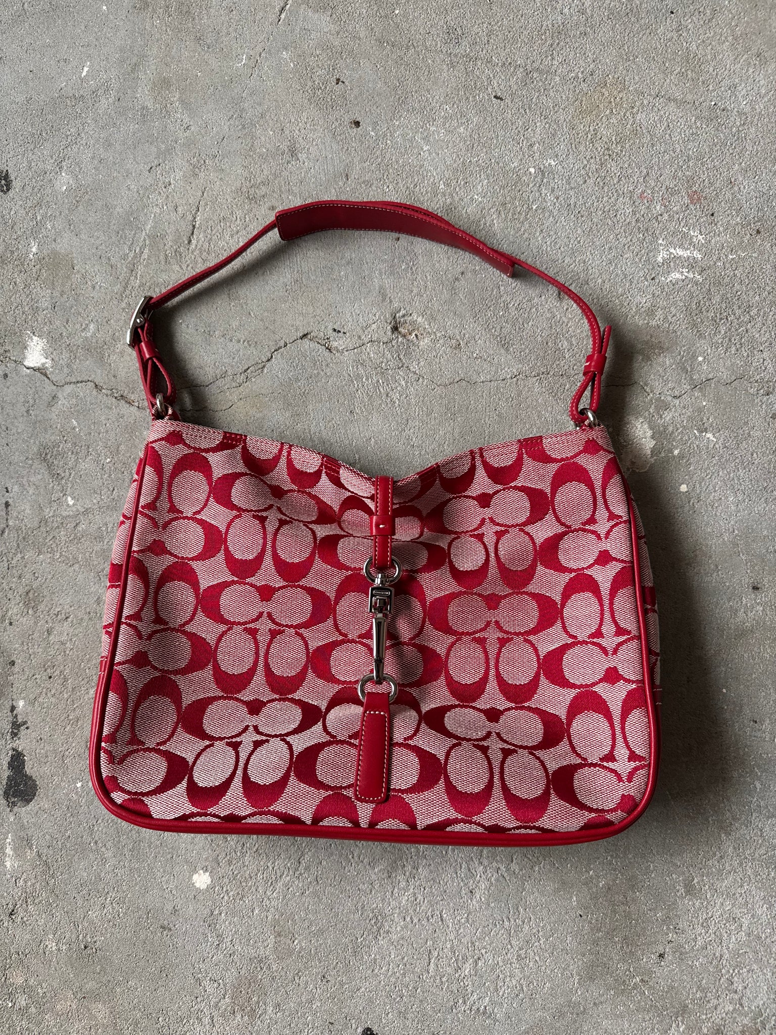 Coach Hobo Signature Clip Canvas Handbag Red
