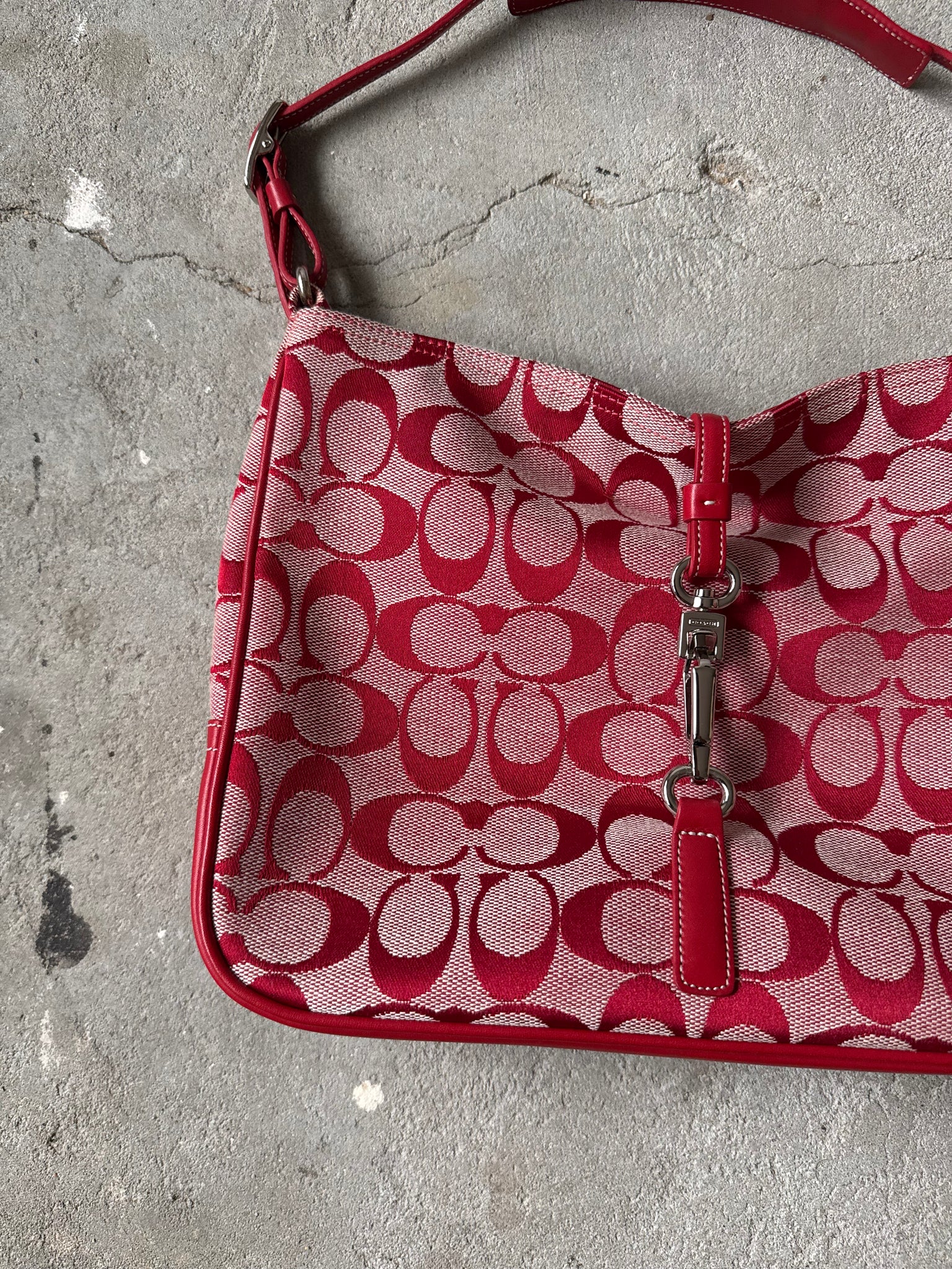 Coach Hobo Signature Clip Canvas Handbag Red