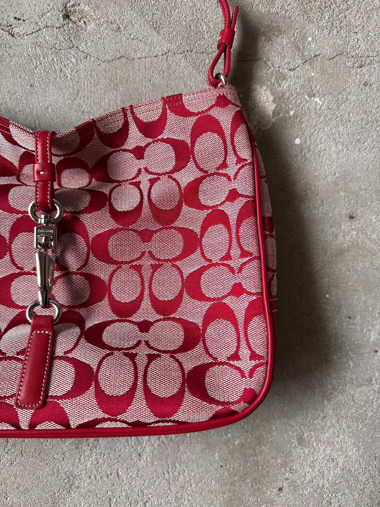 Coach Hobo Signature Clip Canvas Handbag Red