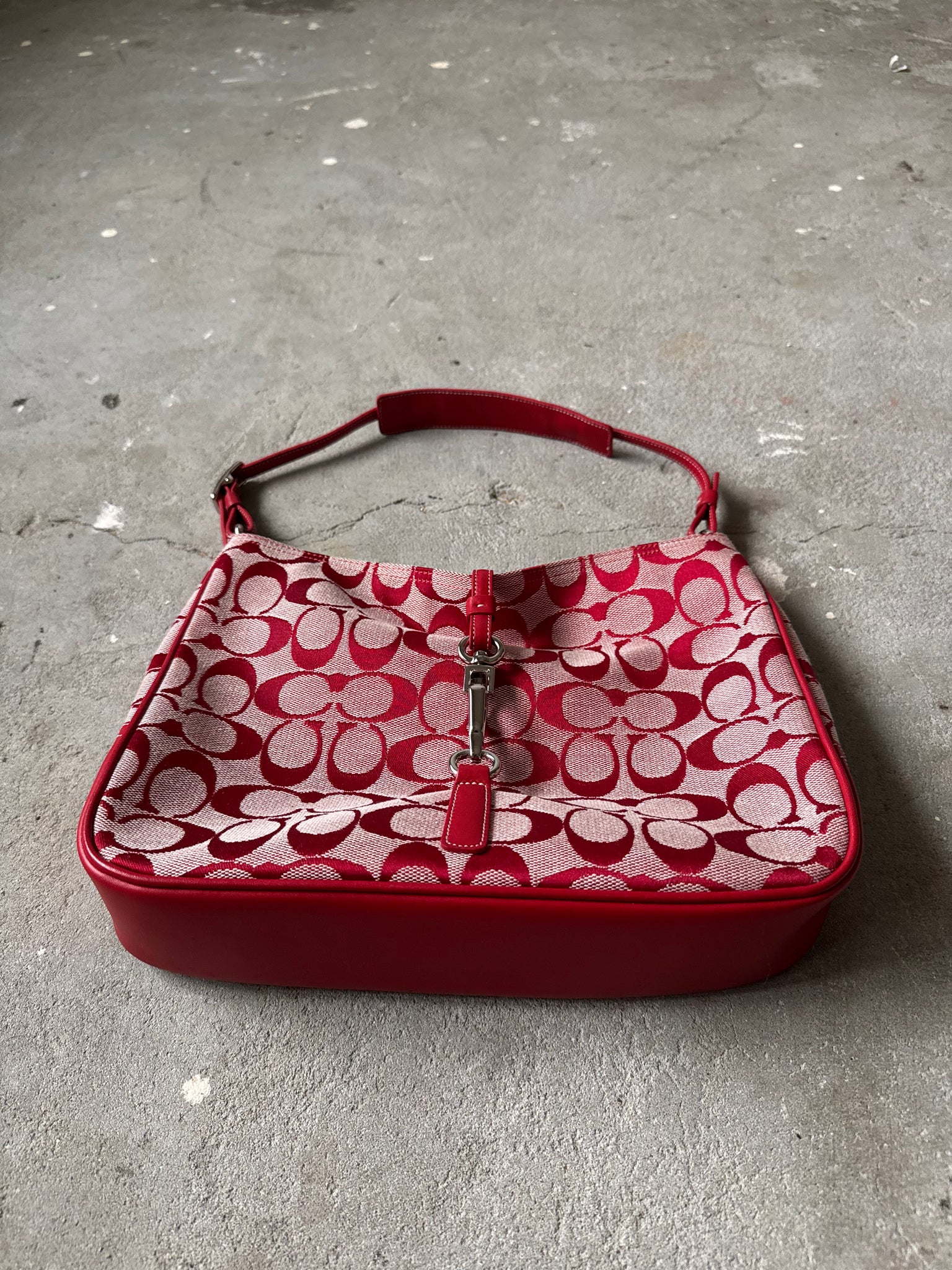 Coach Hobo Signature Clip Canvas Handbag Red