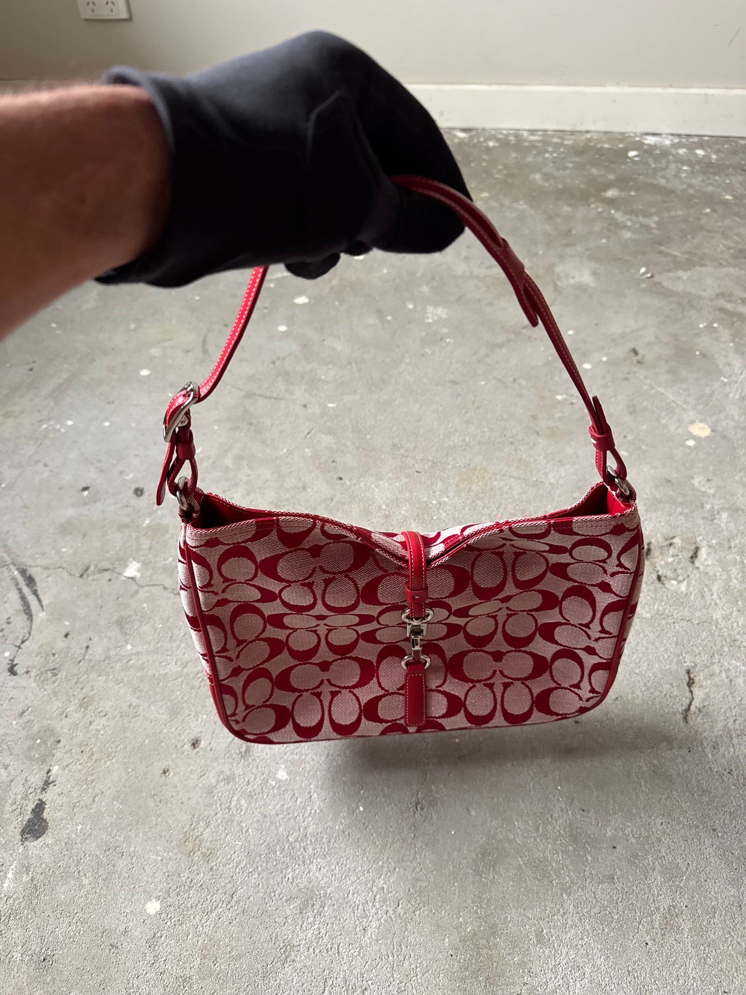 Coach Hobo Signature Clip Canvas Handbag Red
