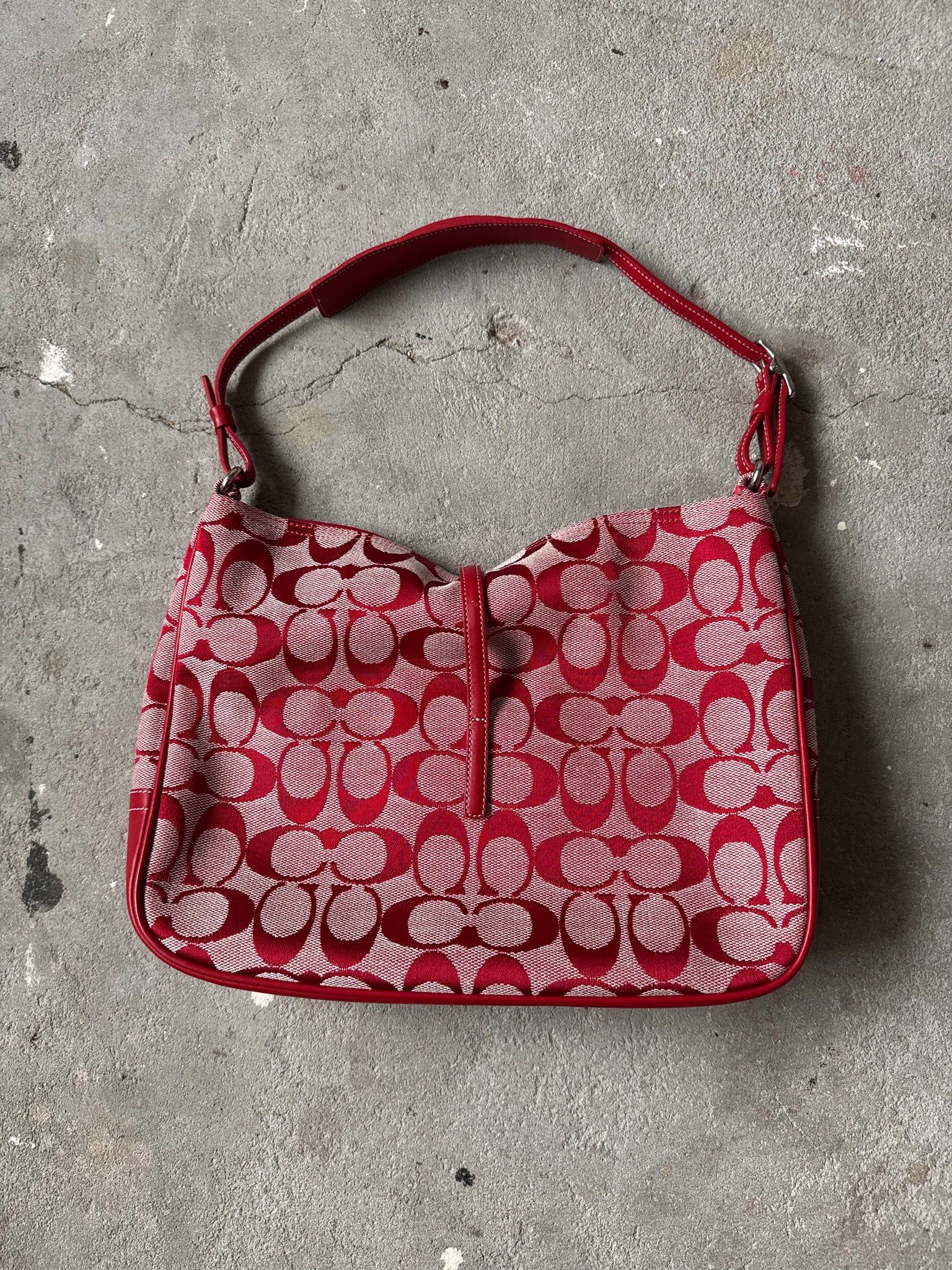 Coach Hobo Signature Clip Canvas Handbag Red