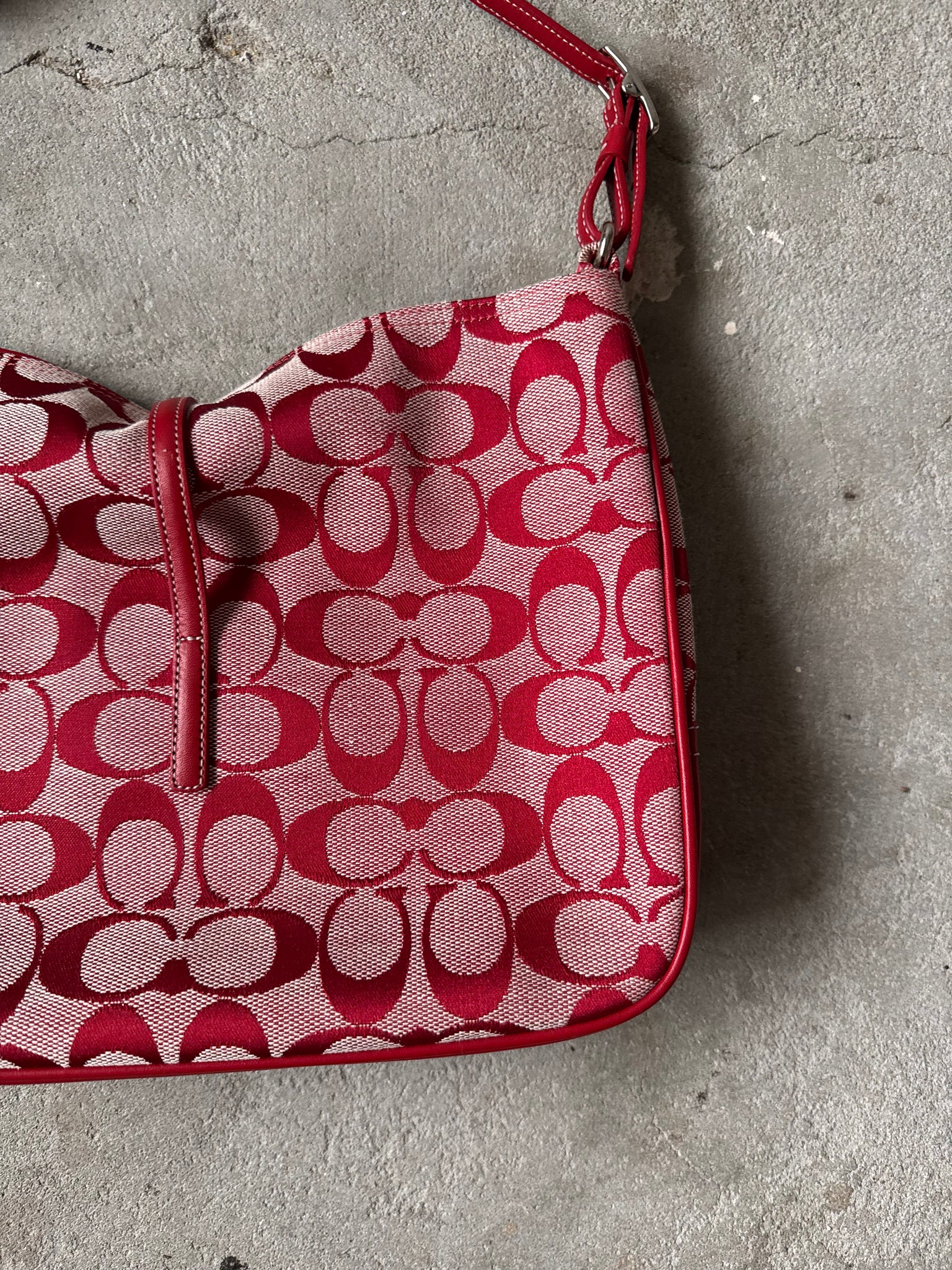 Coach Hobo Signature Clip Canvas Handbag Red