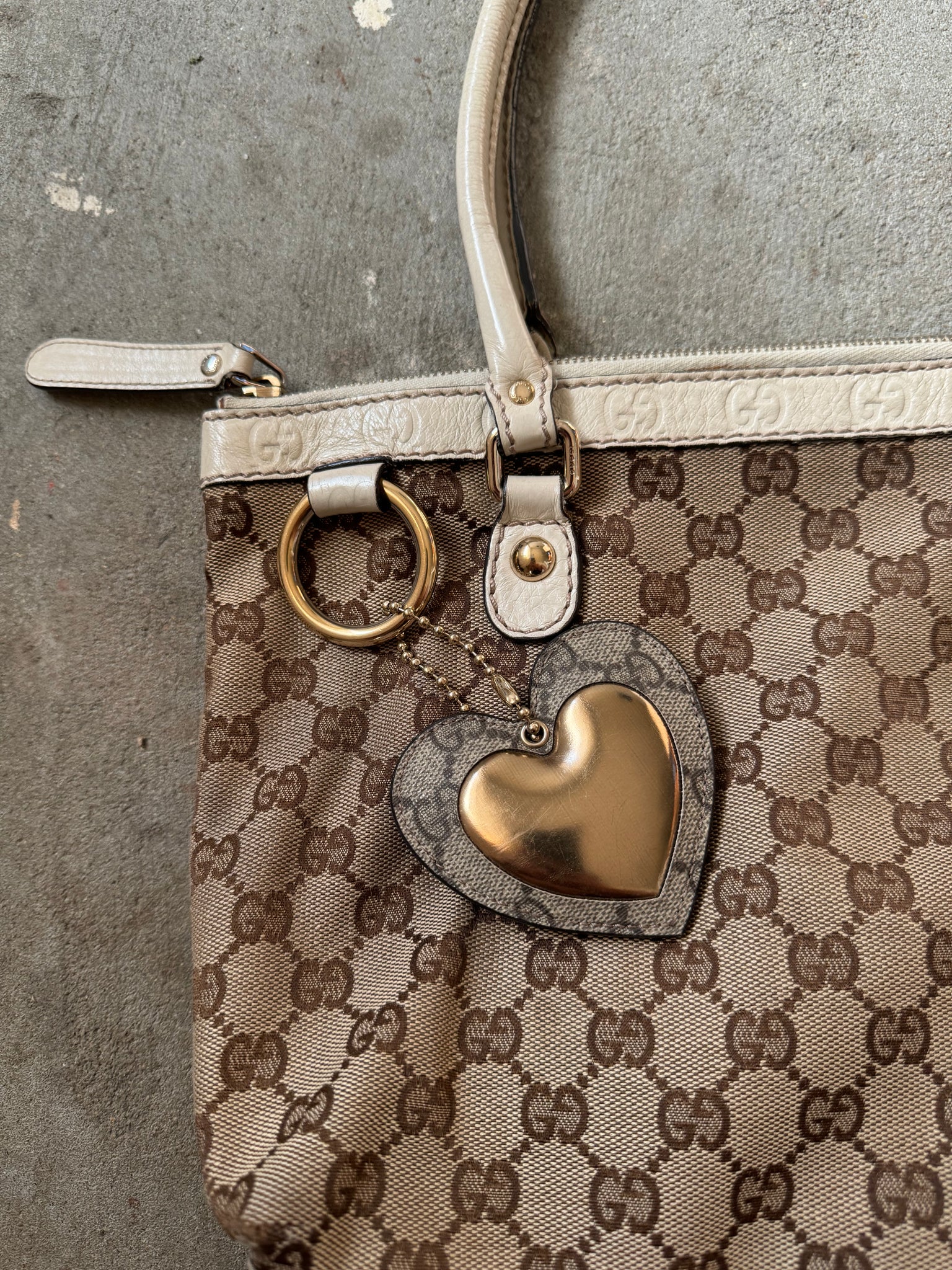Gucci GG Monogram Heart Charm Shoulder Bag Beige