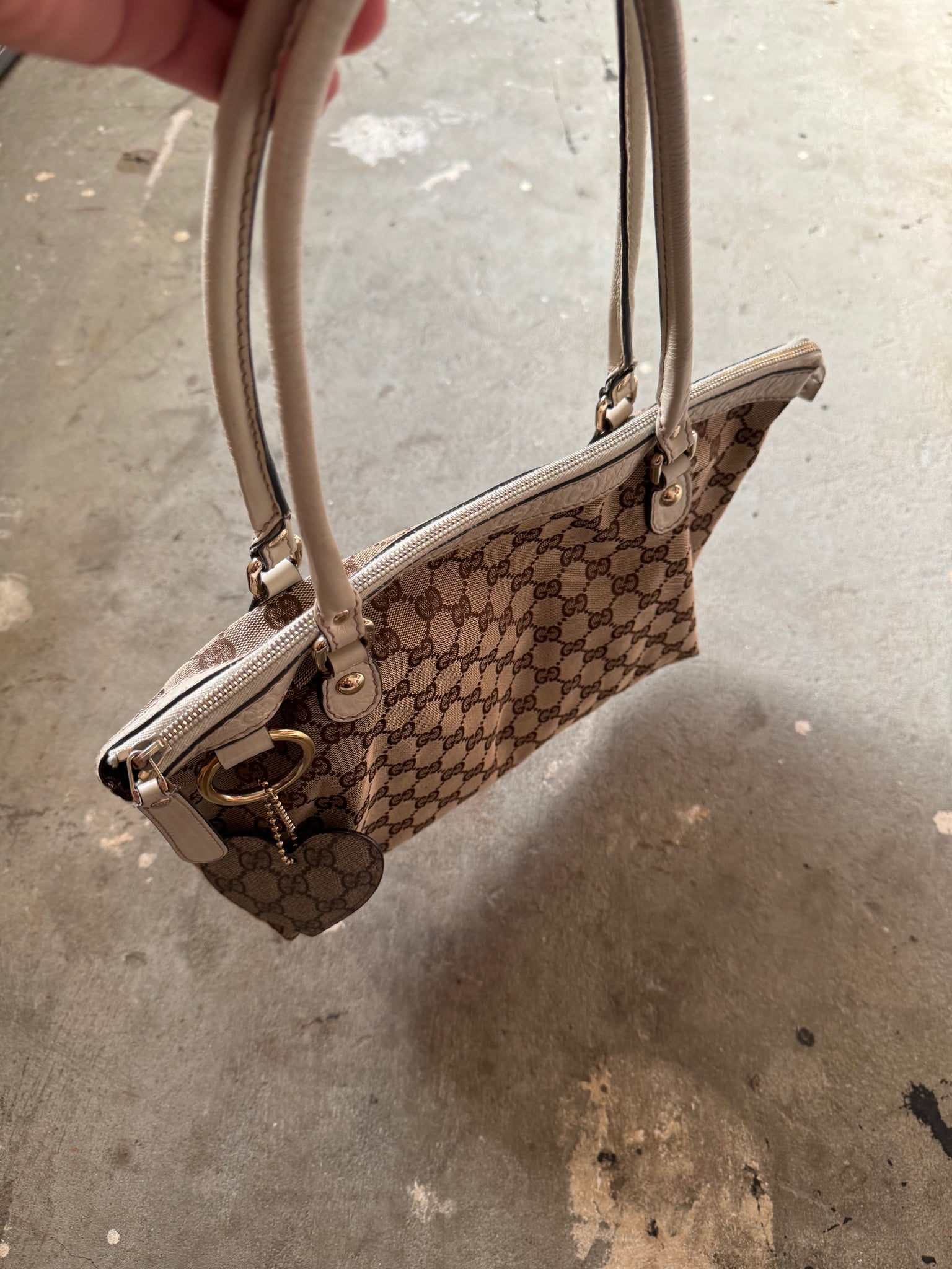 Gucci GG Monogram Heart Charm Shoulder Bag Beige