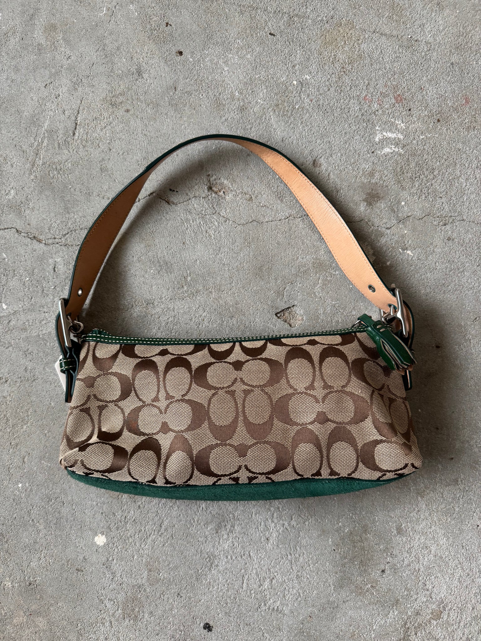 Coach Signature Hampton Strip Baguette Shoulder Bag Beige/Green