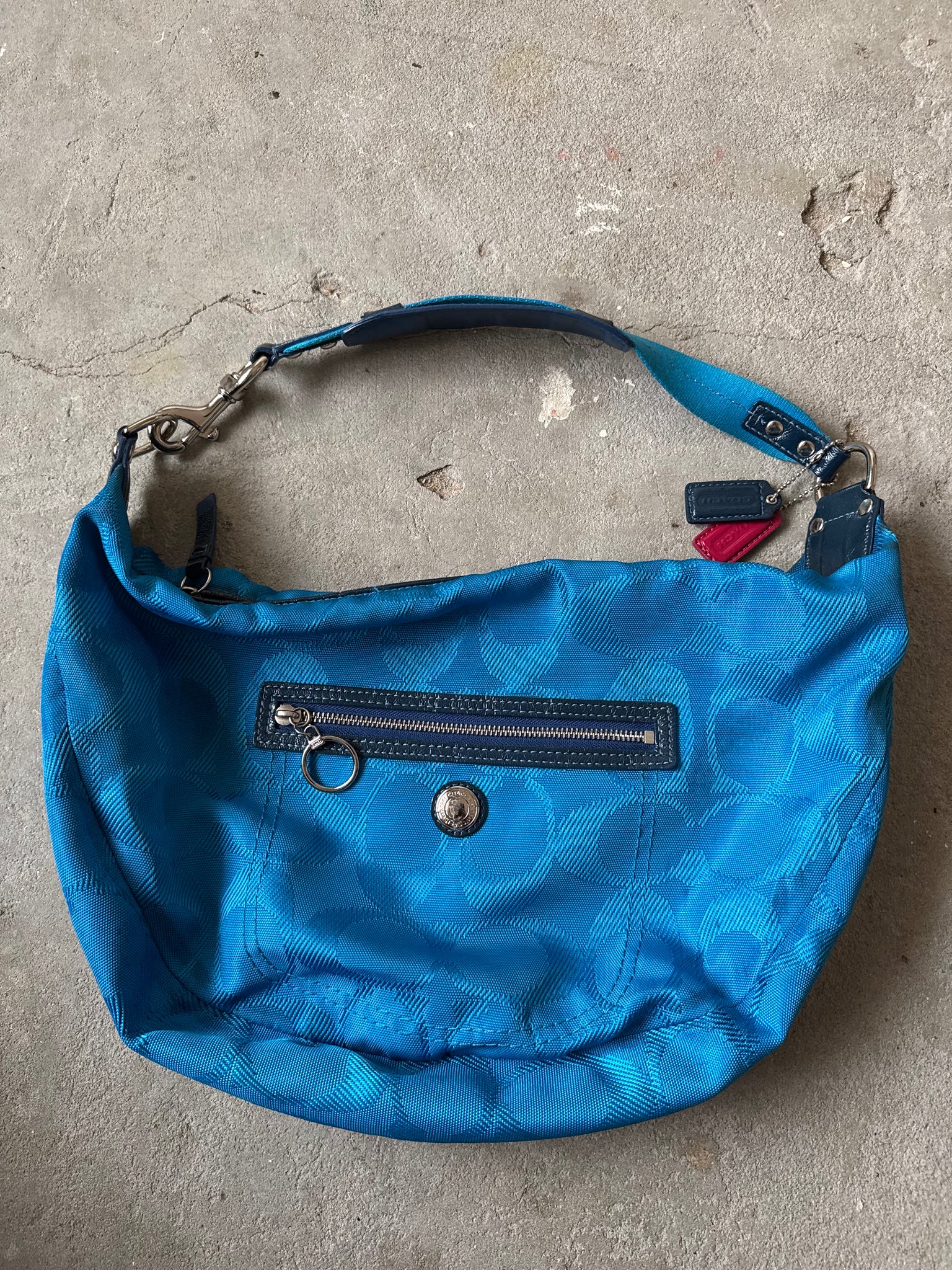 Coach Signature Daisy Hobo Nylon Shoulder Bag Blue