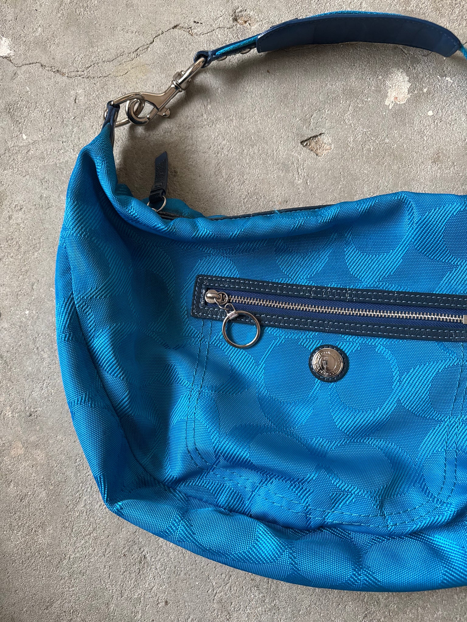Coach Signature Daisy Hobo Nylon Shoulder Bag Blue