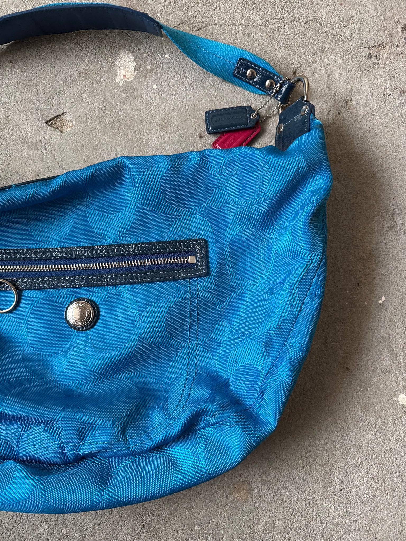Coach Signature Daisy Hobo Nylon Shoulder Bag Blue