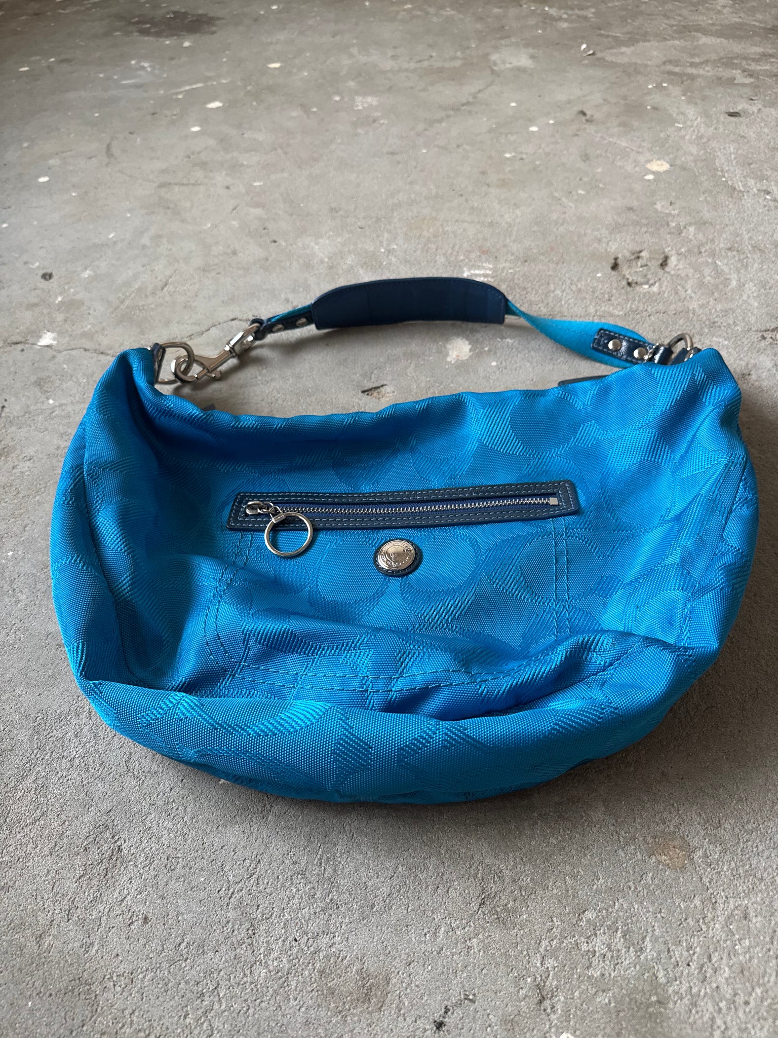 Coach Signature Daisy Hobo Nylon Shoulder Bag Blue