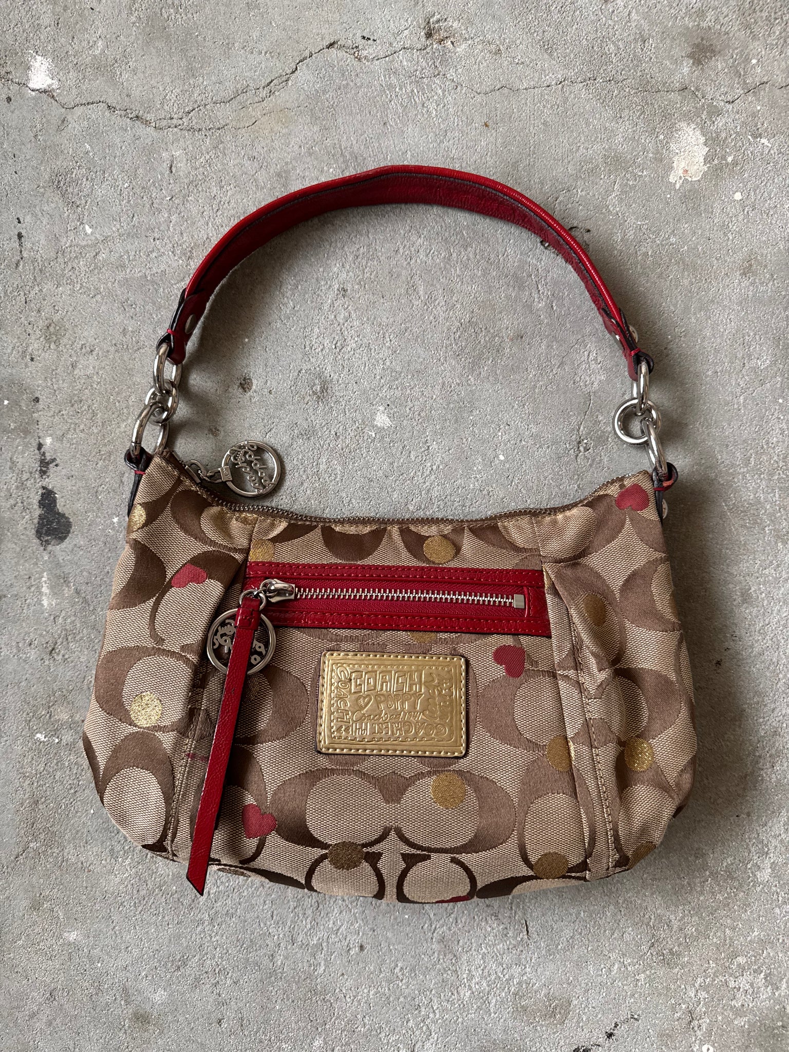 Coach 2Way Signature Heart Shoulder Bag Beige/Red