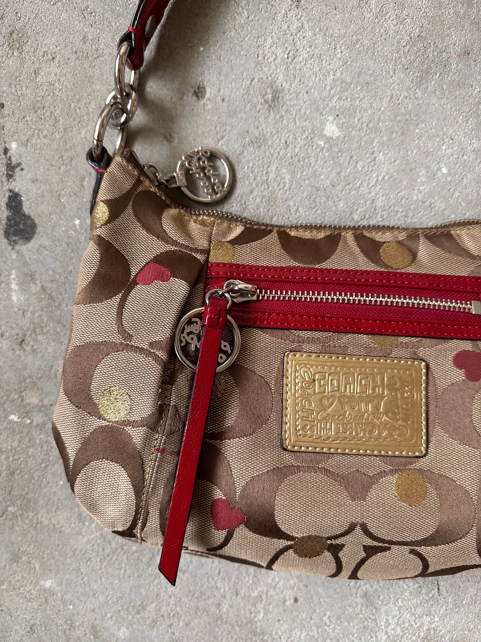 Coach 2Way Signature Heart Shoulder Bag Beige/Red