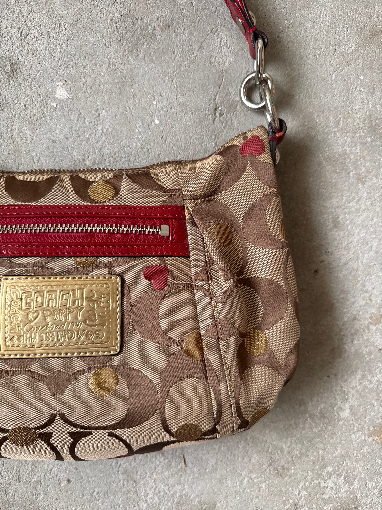 Coach 2Way Signature Heart Shoulder Bag Beige/Red