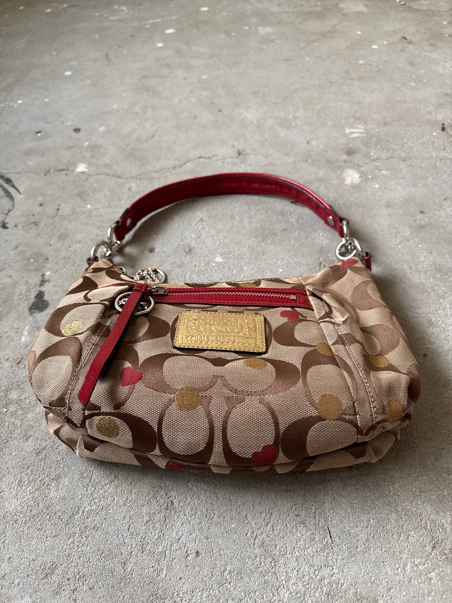 Coach 2Way Signature Heart Shoulder Bag Beige/Red