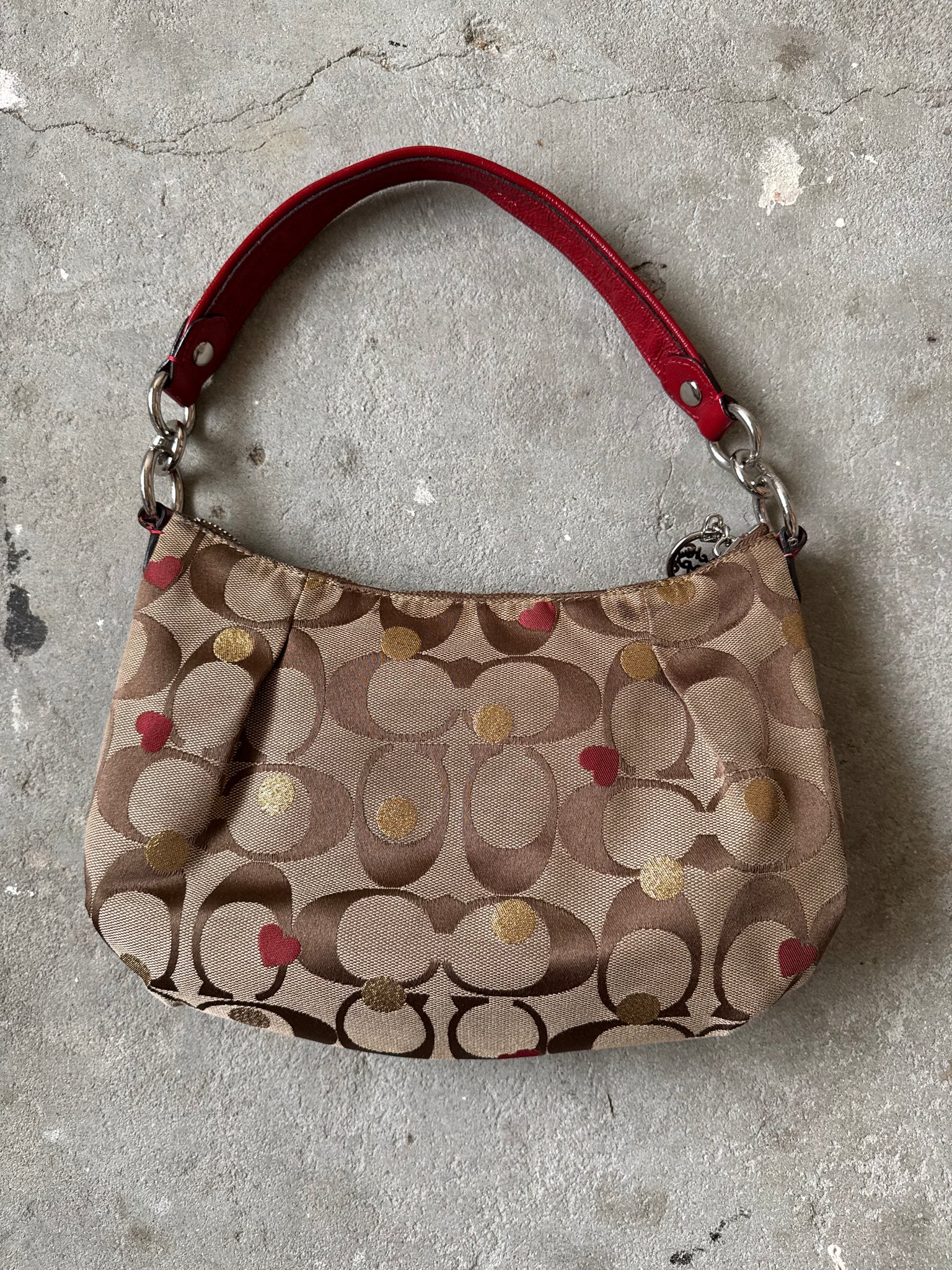 Coach 2Way Signature Heart Shoulder Bag Beige/Red