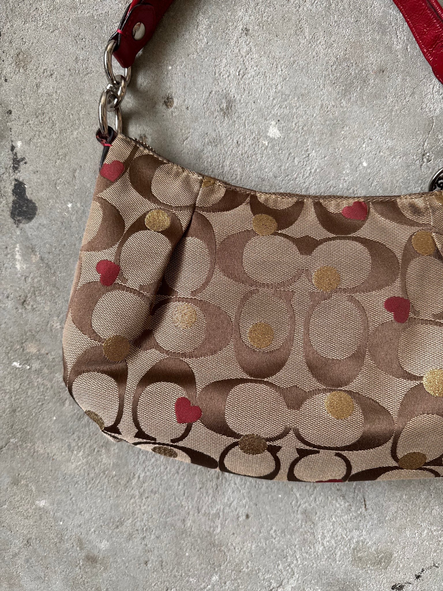 Coach 2Way Signature Heart Shoulder Bag Beige/Red