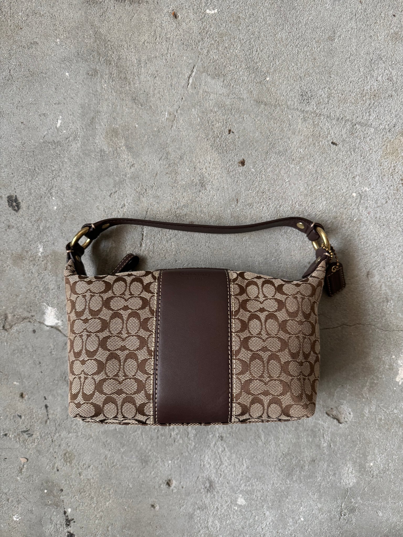 Coach Signature Mini Hobo Striped Leather Shoulder Bag Beige/Brown