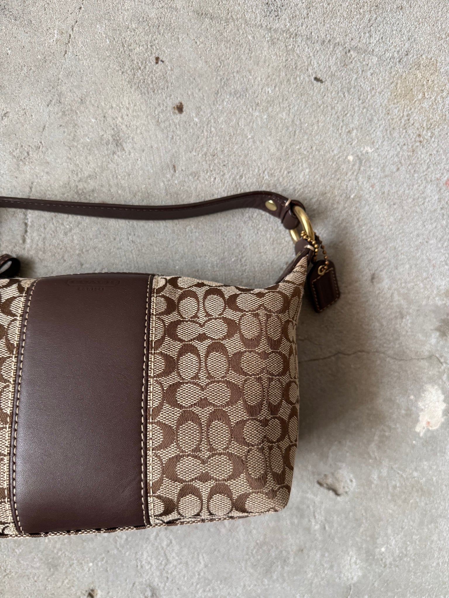 Coach Signature Mini Hobo Striped Leather Shoulder Bag Beige/Brown