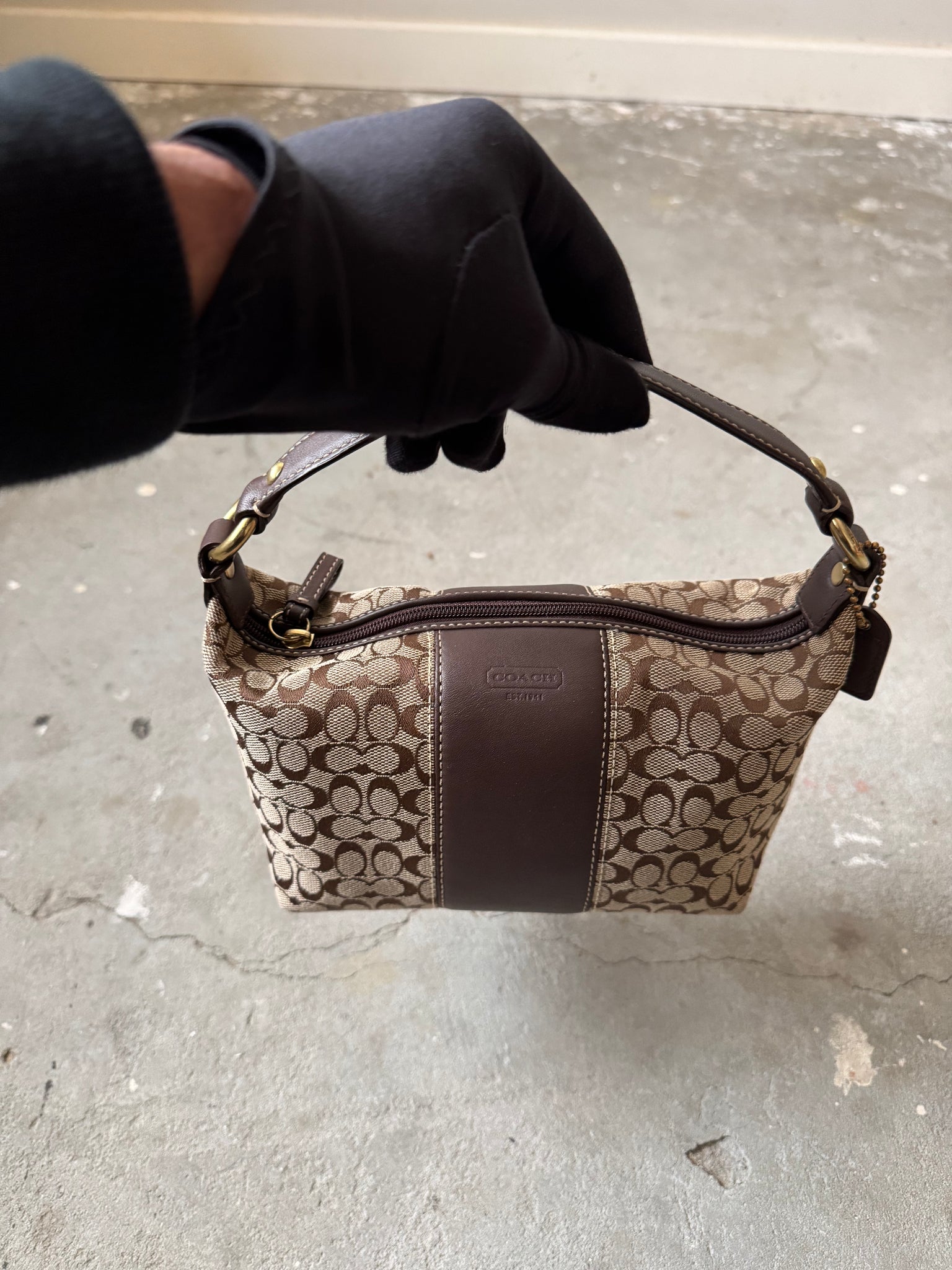 Coach Signature Mini Hobo Striped Leather Shoulder Bag Beige/Brown